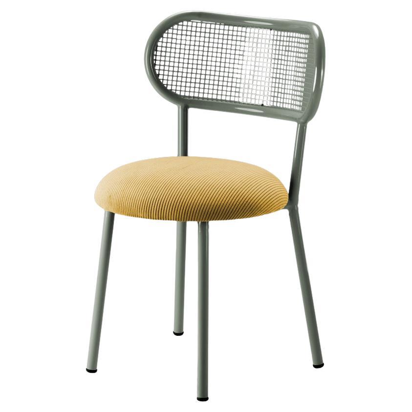 Louise-Stuhl aus Salbeistahl mit Struktur aus Stahl, Rückenlehne aus perforiertem Stahl und Polsterung