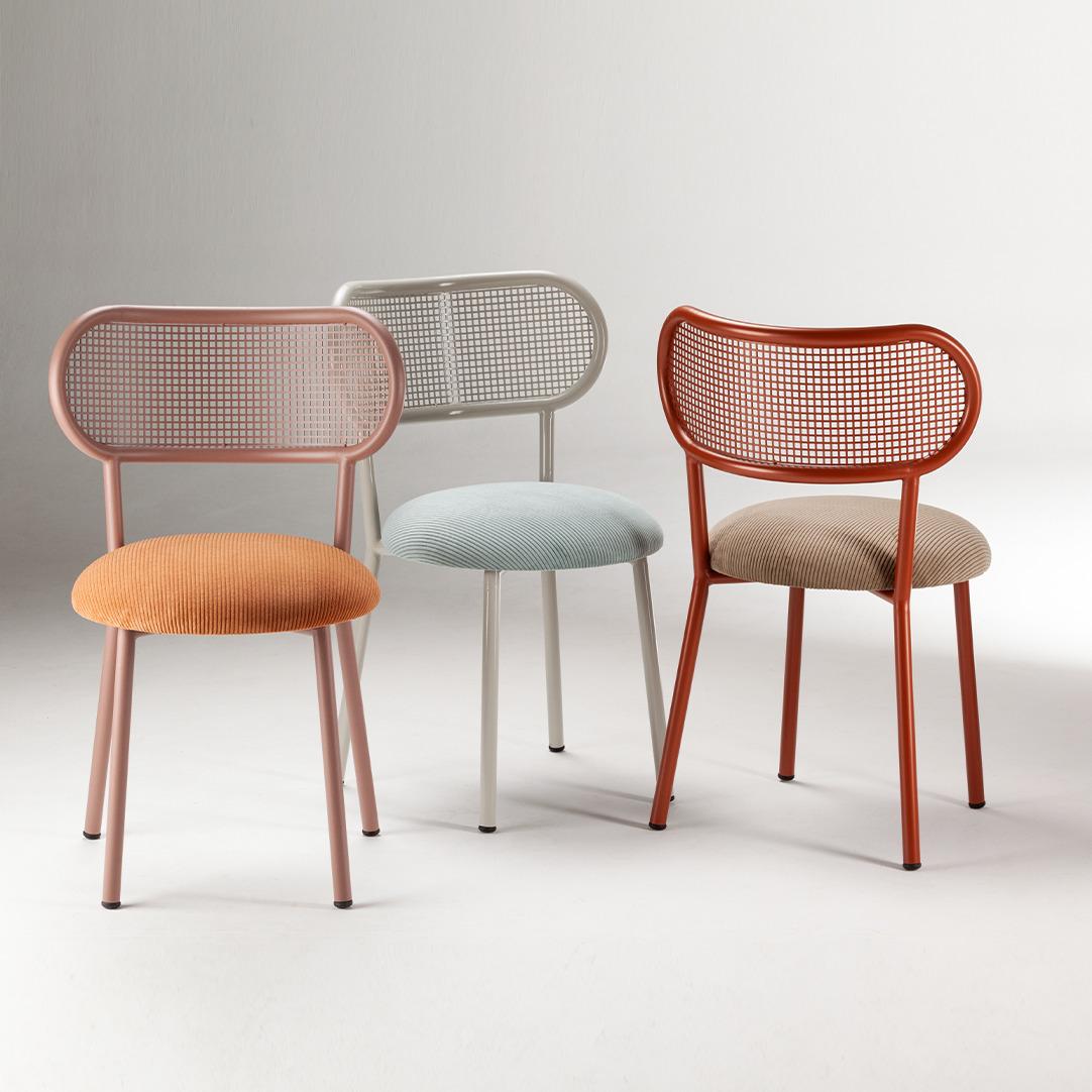 Mid-Century Modern Louise Chair with Sage color Structure, Perforated Steel Back and Upholstery For Sale