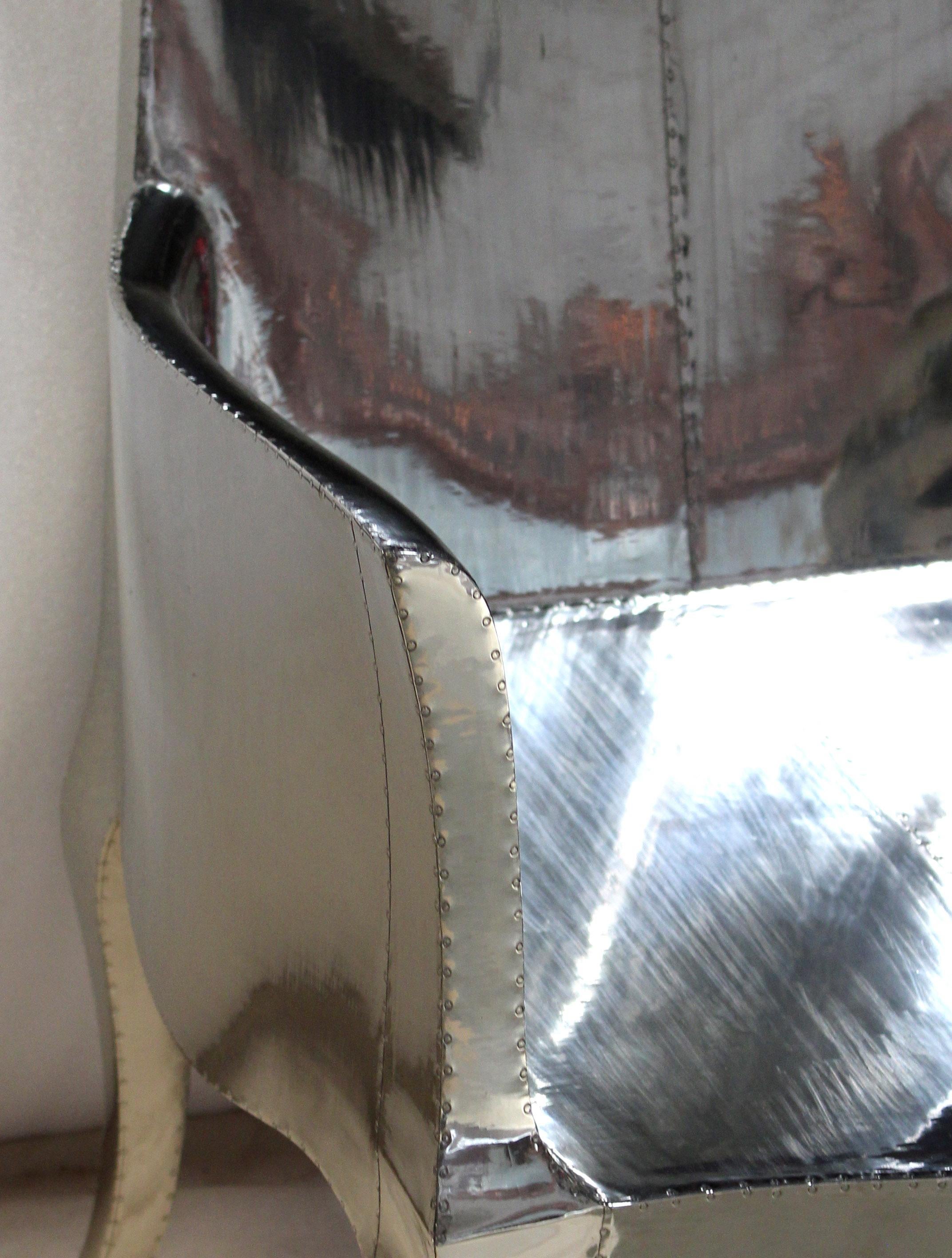 Fauteuil club Louise en bronze blanc recouvert de teck par Paul Mathieu en vente 3