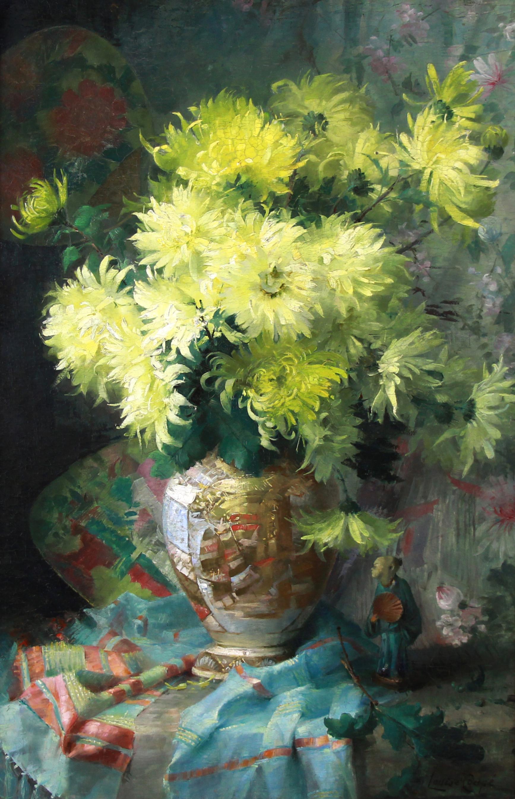 Huile sur toile avec fleurs et porcelaine japonaise Satsuma - Painting de Louise Coupé