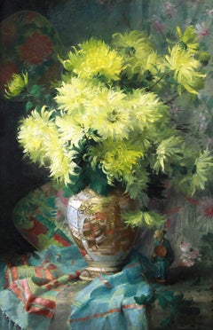 Oil On Canvas Still Life With Flowers And Japanese Satsuma Porcelain