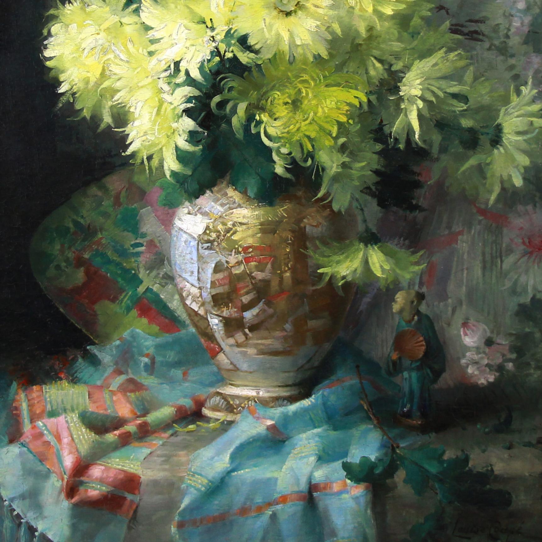 Huile sur toile avec fleurs et porcelaine japonaise Satsuma - Impressionnisme Painting par Louise Coupé