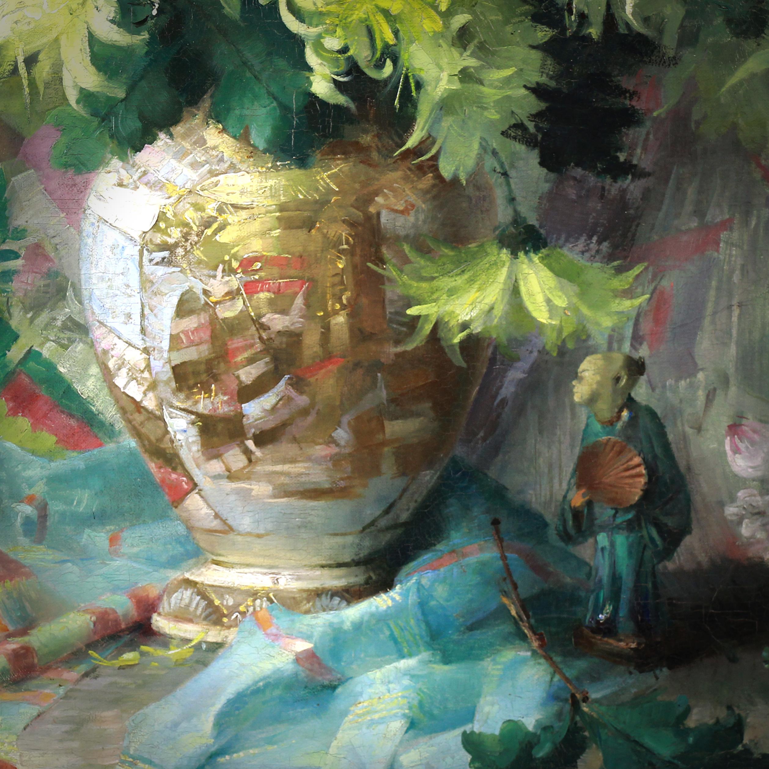 Ölgemälde auf Leinwand Stillleben mit Blumen und japanischem Satsuma-Porzellan (Schwarz), Still-Life Painting, von Louise Coupé