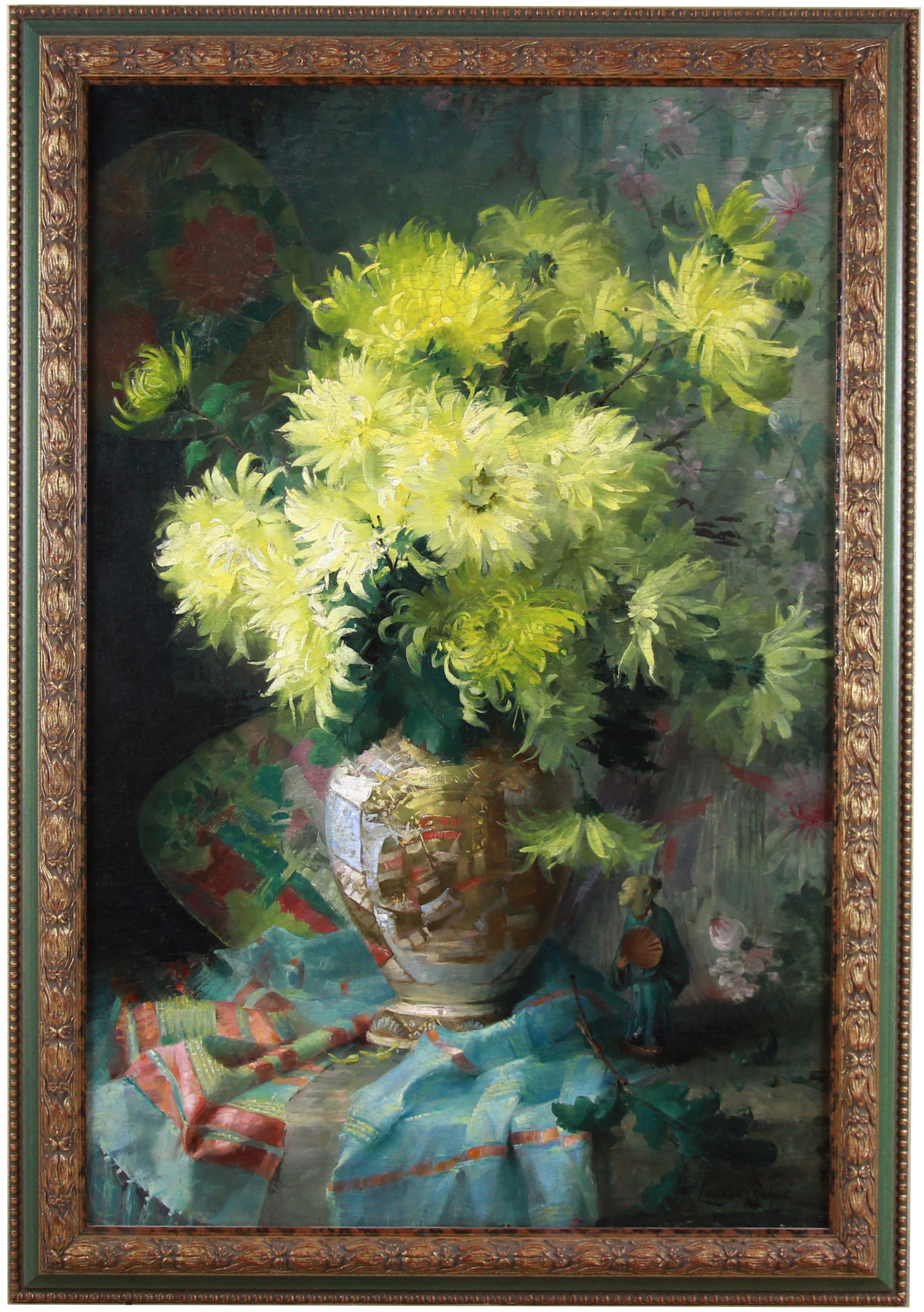 Still-Life Painting Louise Coupé - Huile sur toile avec fleurs et porcelaine japonaise Satsuma