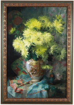 Antique Oil On Canvas Still Life With Flowers And Japanese Satsuma Porcelain