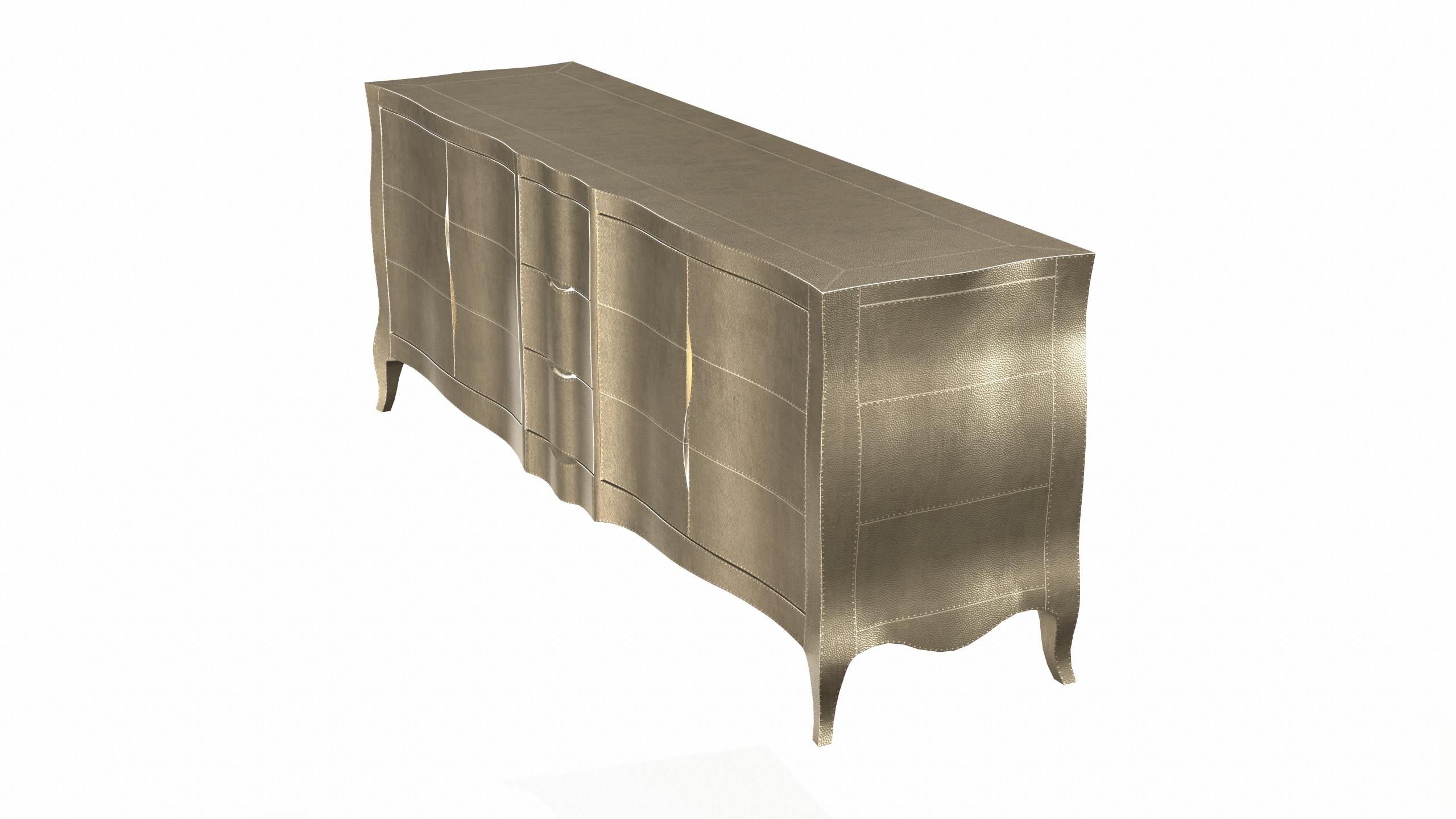 Hand-Carved Louise Credenza Art Deco Buffets in Mid. Hammered Brass by Paul Mathieu For Sale