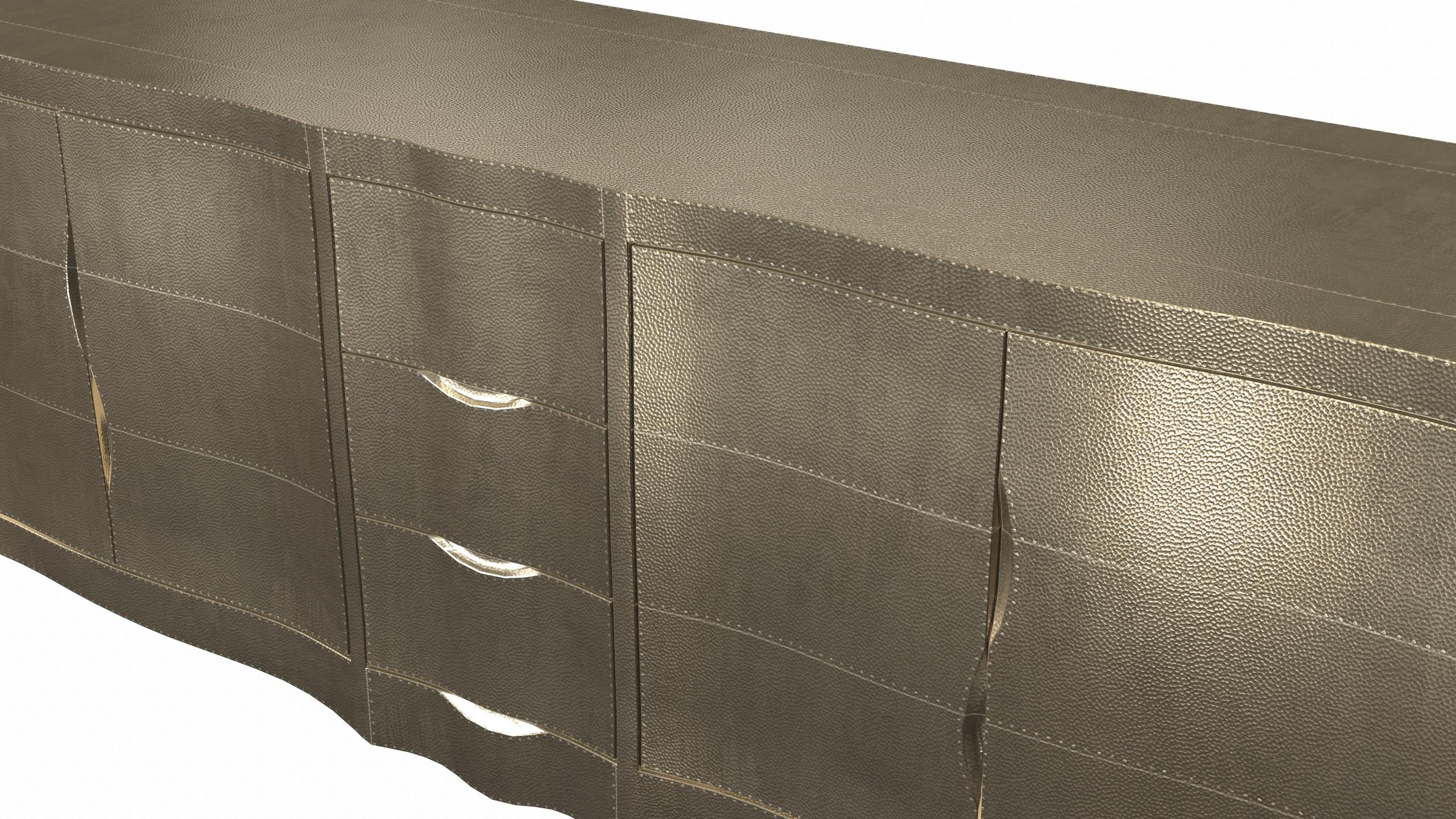 Metal Louise Credenza Art Deco Cabinets in Mid. Hammered Brass by Paul Mathieu For Sale