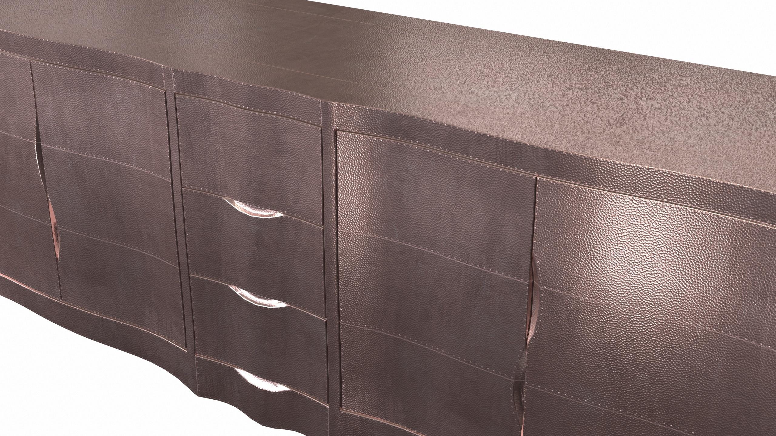 Metal Louise Credenza Commodes and Chests of Drawers in Mid. Hammered Copper  For Sale