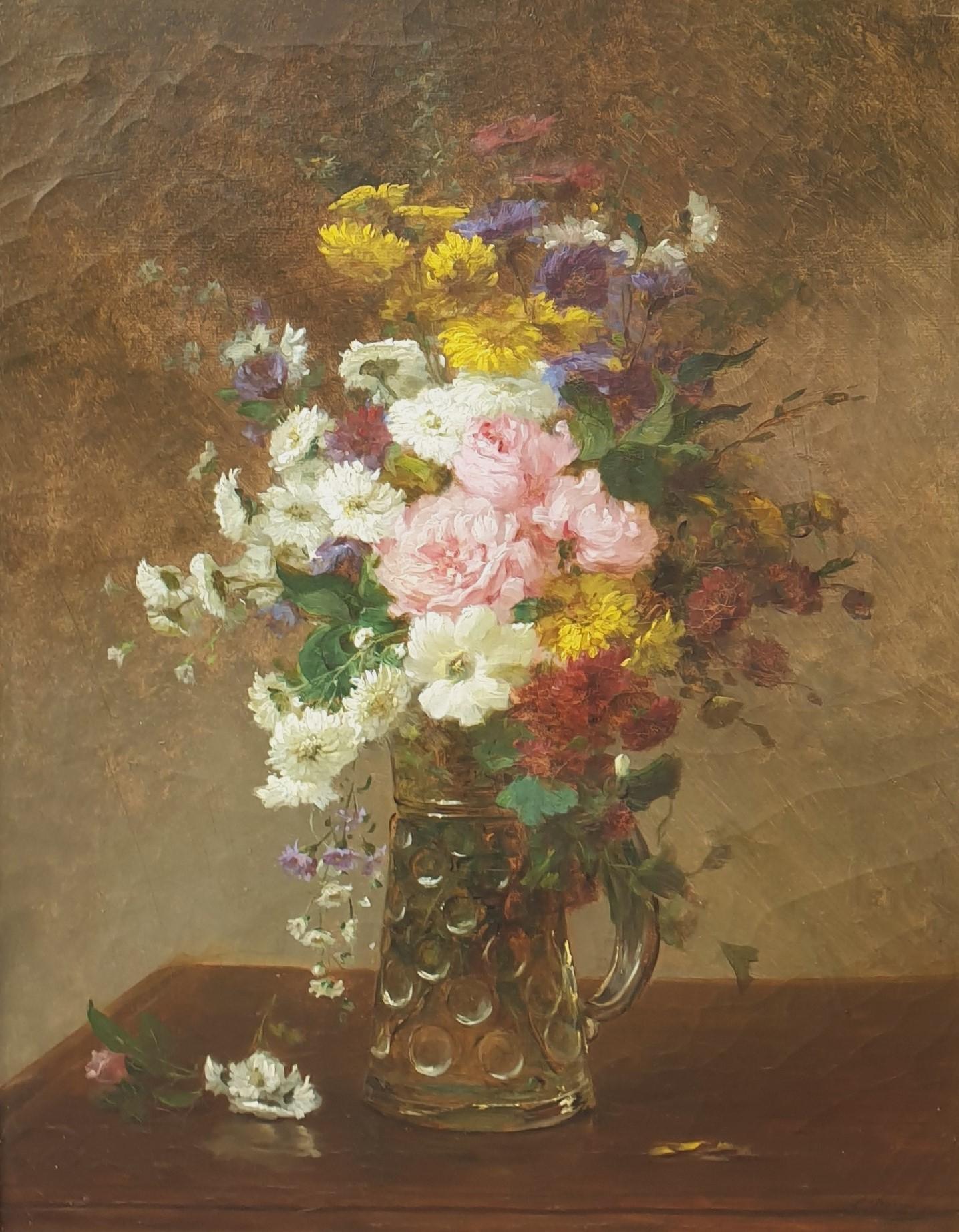 DARRU donna pittrice Salon Rouen Impressionista Tela ad olio Fiori in un bicchiere - Painting di Louise DARRU