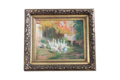 Antique impressionist oil painting of geese by Louise de Ladeveze-Cauchois
