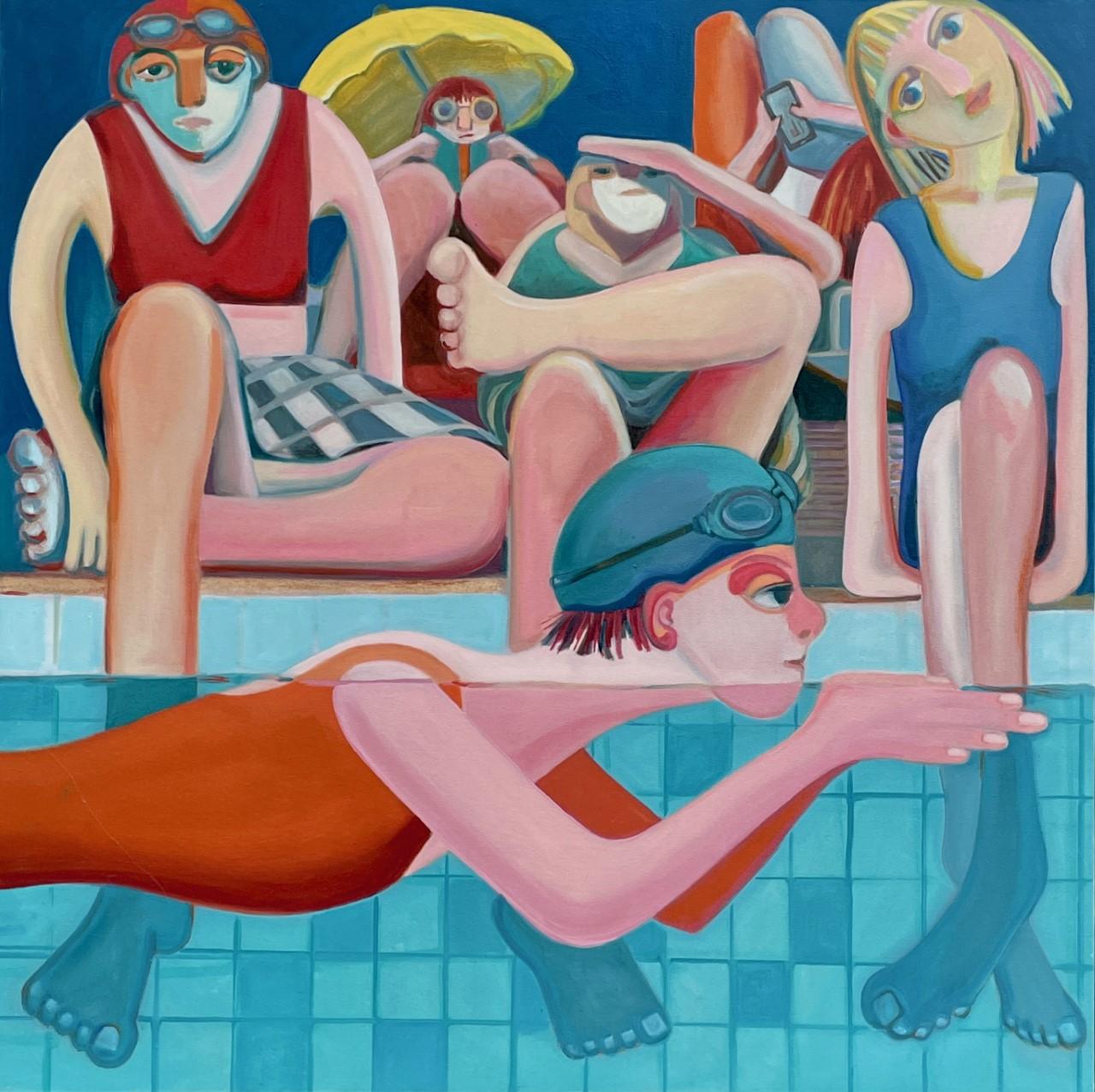 Louise Dee Landscape Painting - Oil Painting on Canvas, Figurative Art, Water, Swimming Pool, Swimming People