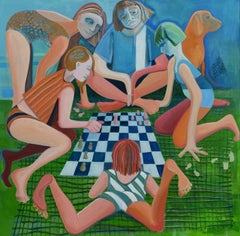 Oil Painting on Canvas, Figurative Art, On The Grass,  Green, Orange, Chess