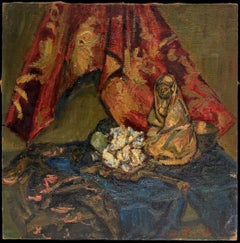Vintage Impressionist Still Life with Drapery Figure & Flowers Interior Scene