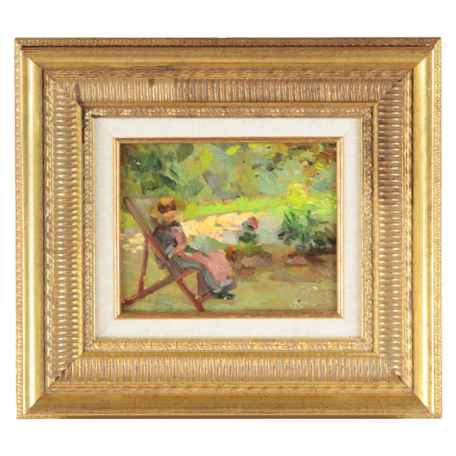 Louise Dupau Pittura a olio "Jeune Femme dans le Jardin", Francia, 1910 circa in vendita