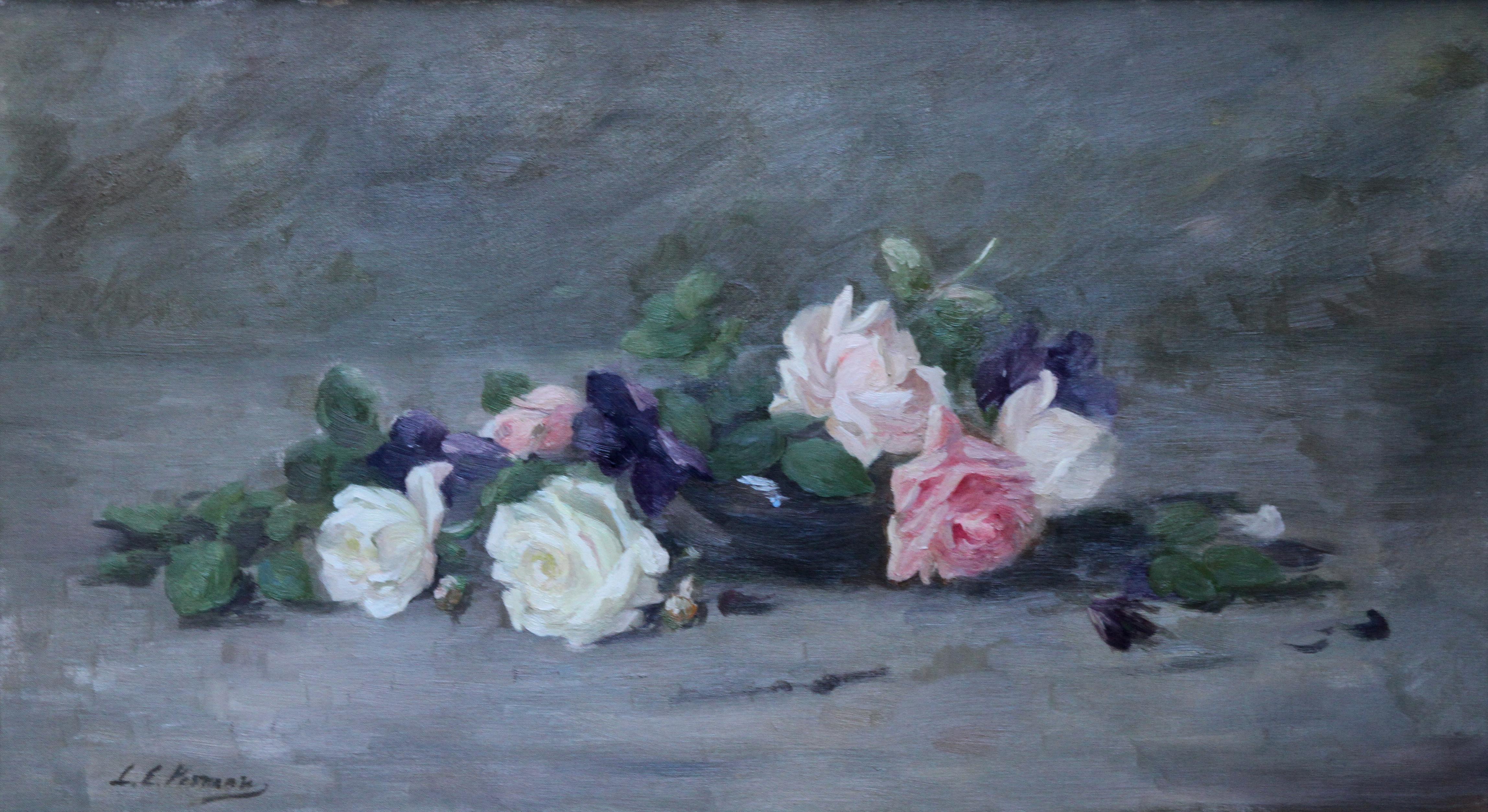 Roses and Violets - Scottish Edwardian art floral oil painting exhib 1908 RSA For Sale 5