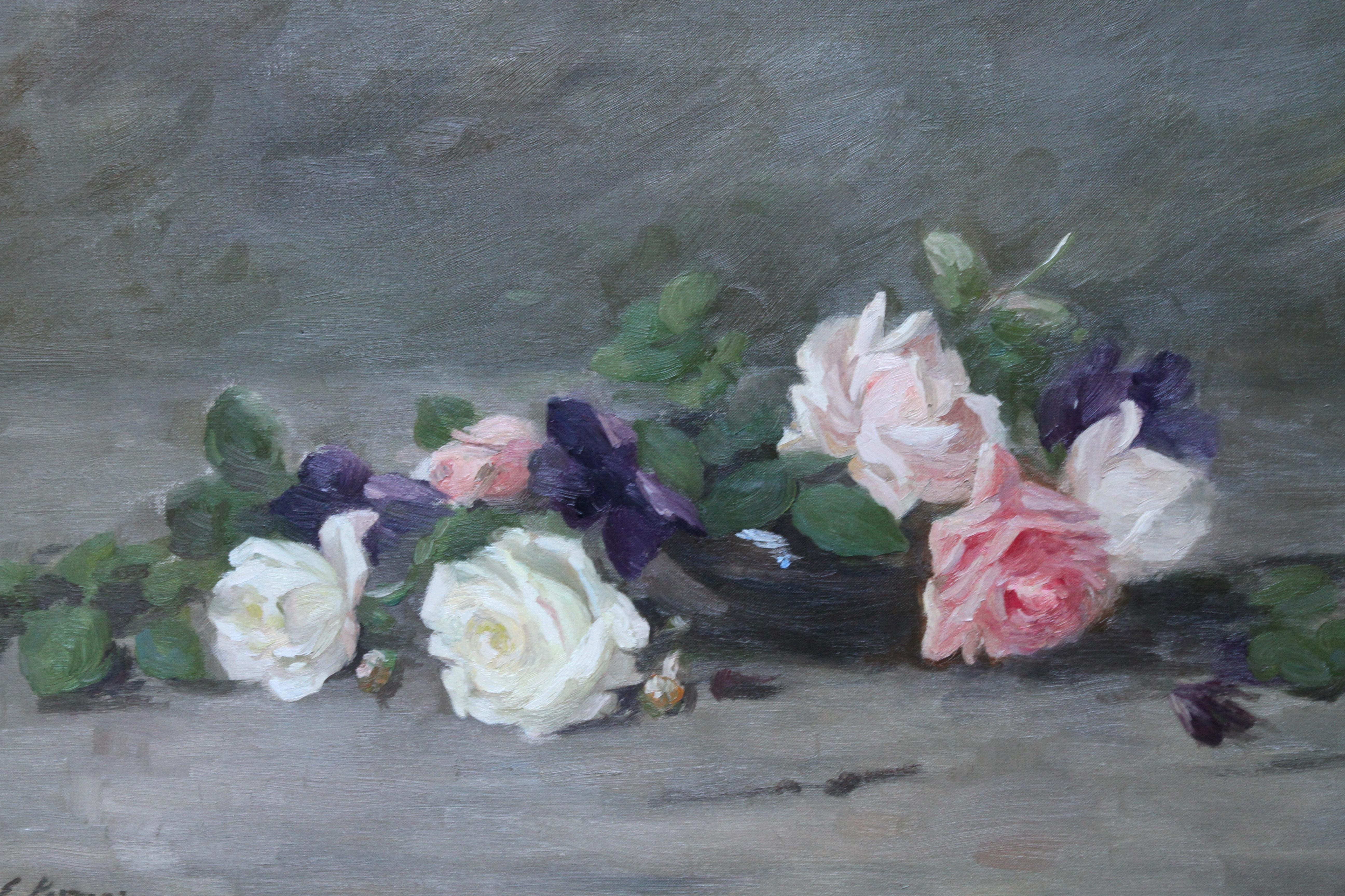 Roses and Violets - Scottish Edwardian art floral oil painting exhib 1908 RSA - Realist Painting by Louise Ellen Perman
