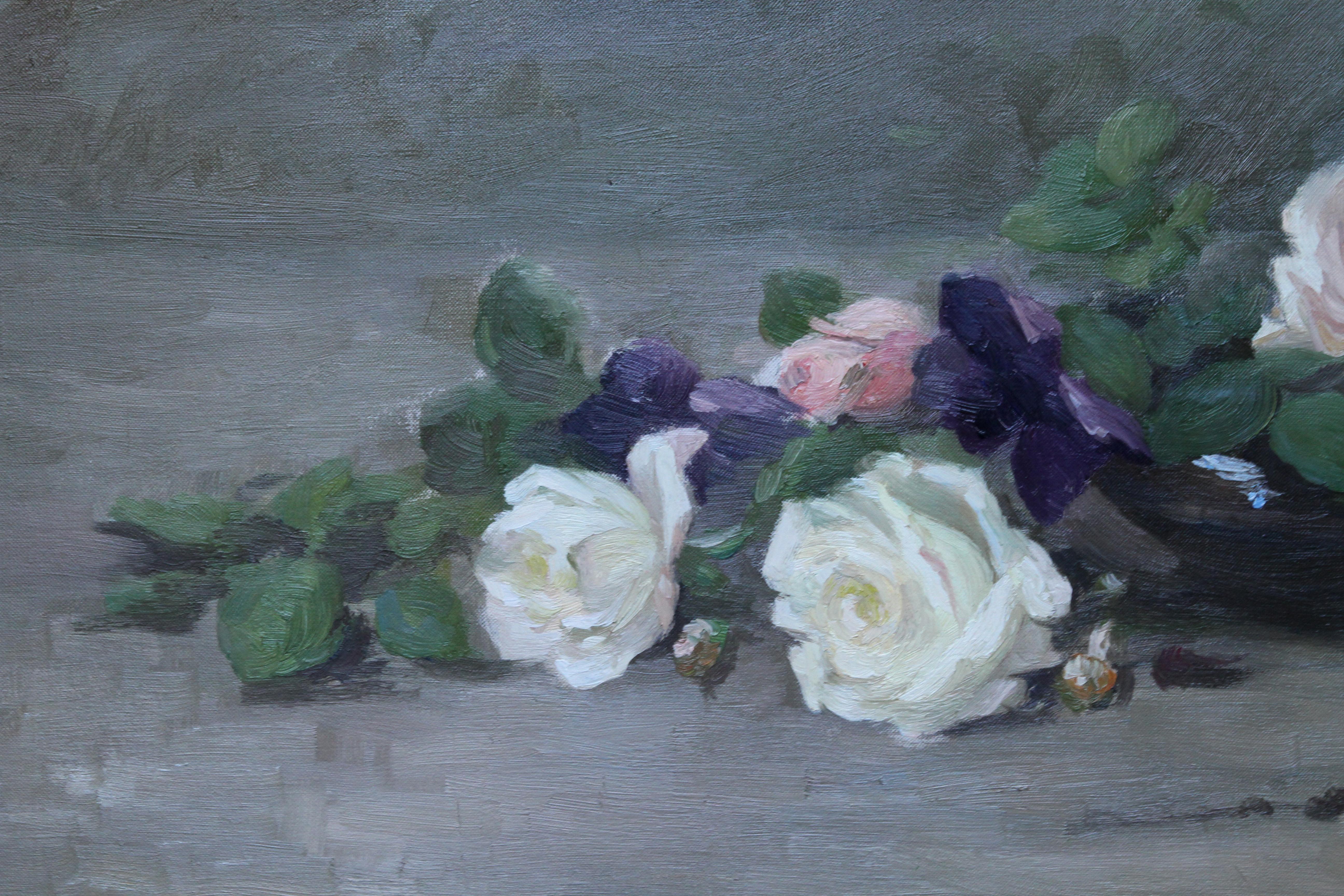 This beautiful Edwardian Scottish floral oil painting is by noted Scottish female artist Louise Ellen Perman. Perman exhibited 28 floral oil paintings at the Royal Scottish Academy from 1885-1920. This painting is from 1908 and was exhibited at the