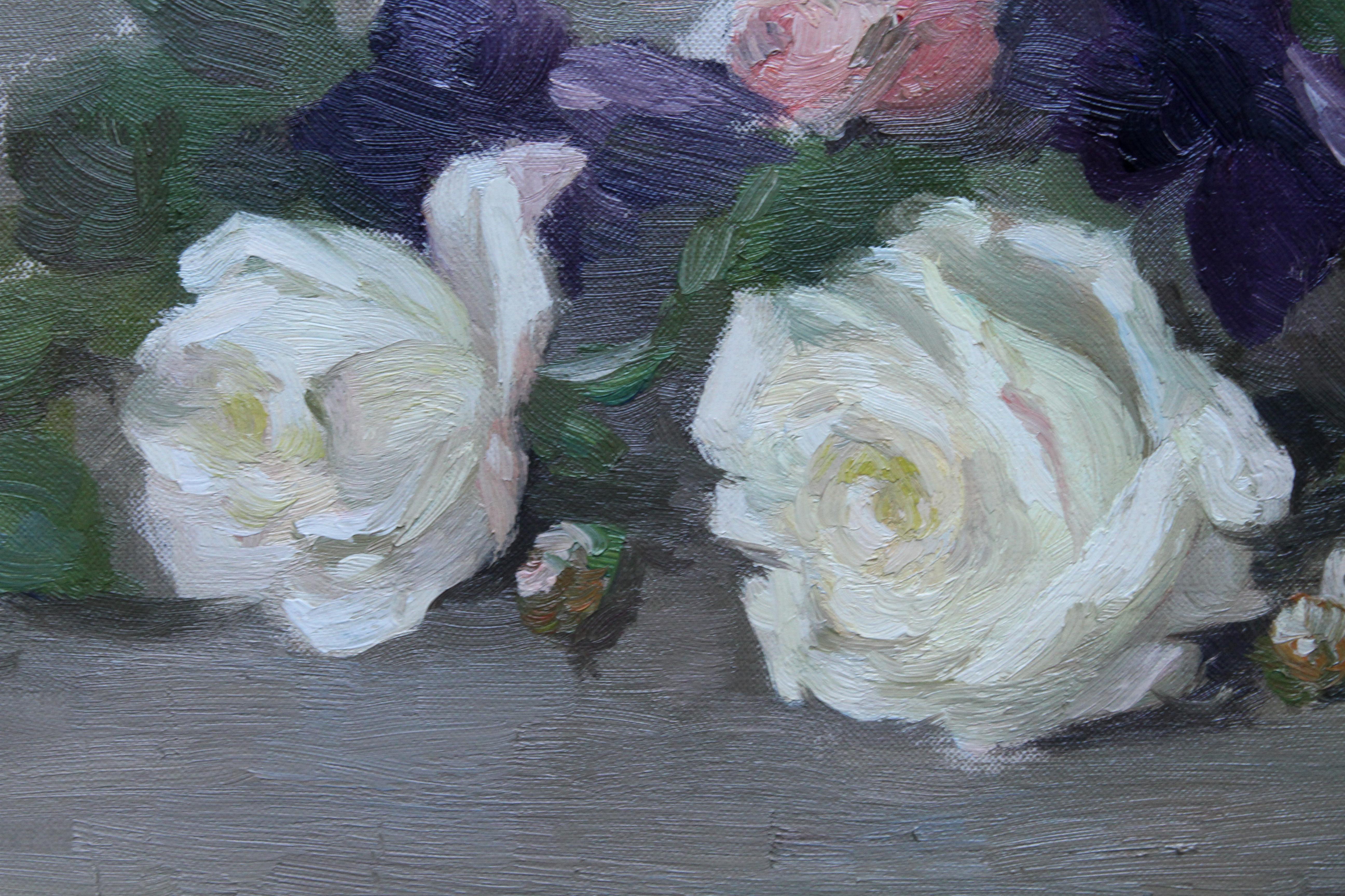 Roses and Violets - Scottish Edwardian art floral oil painting exhib 1908 RSA For Sale 2