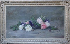 Roses and Violets - Scottish Edwardian art floral oil painting exhib 1908 RSA
