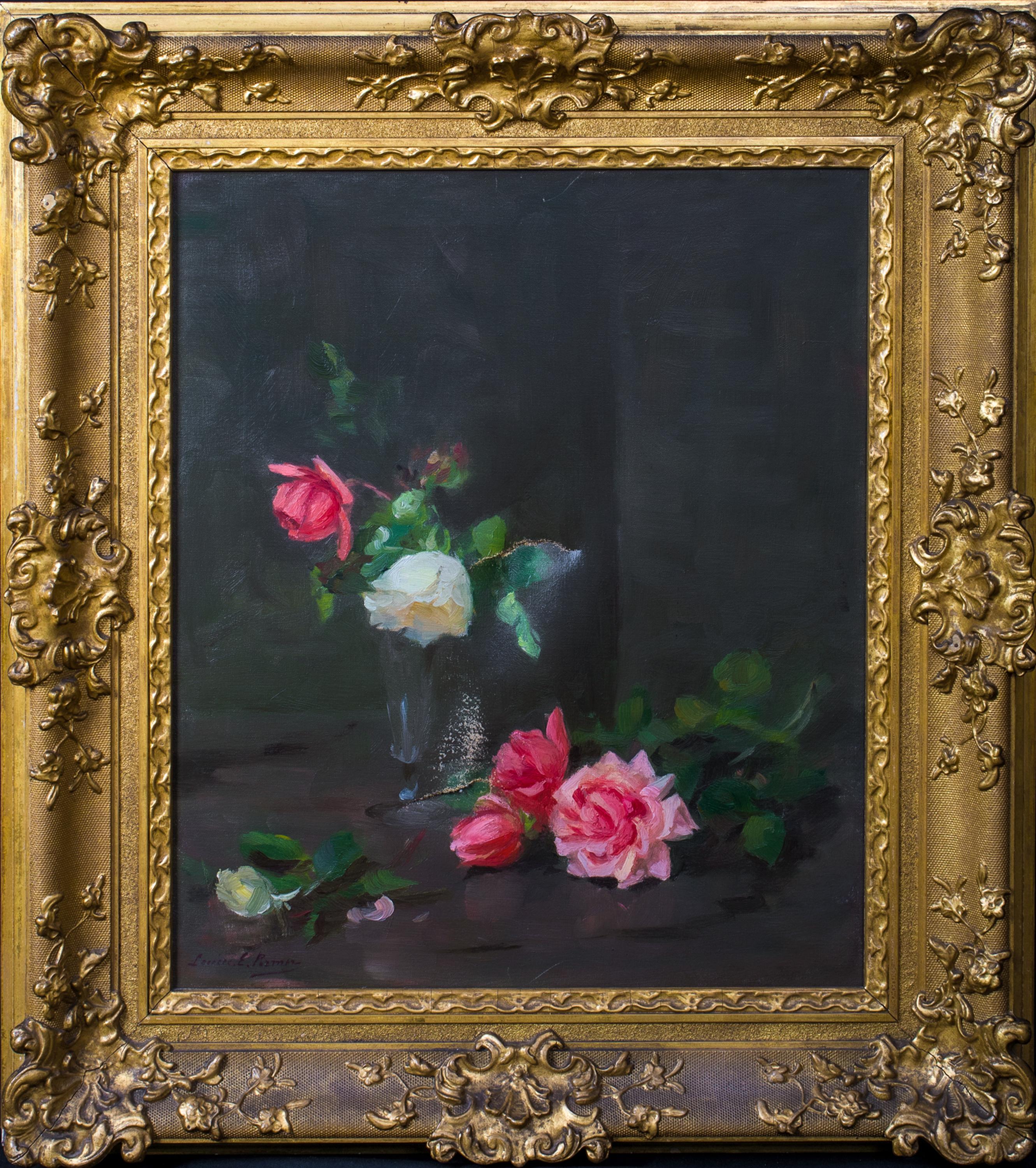 Still Life Of Pink & White Roses, 19th Century - Painting by Louise Ellen Perman