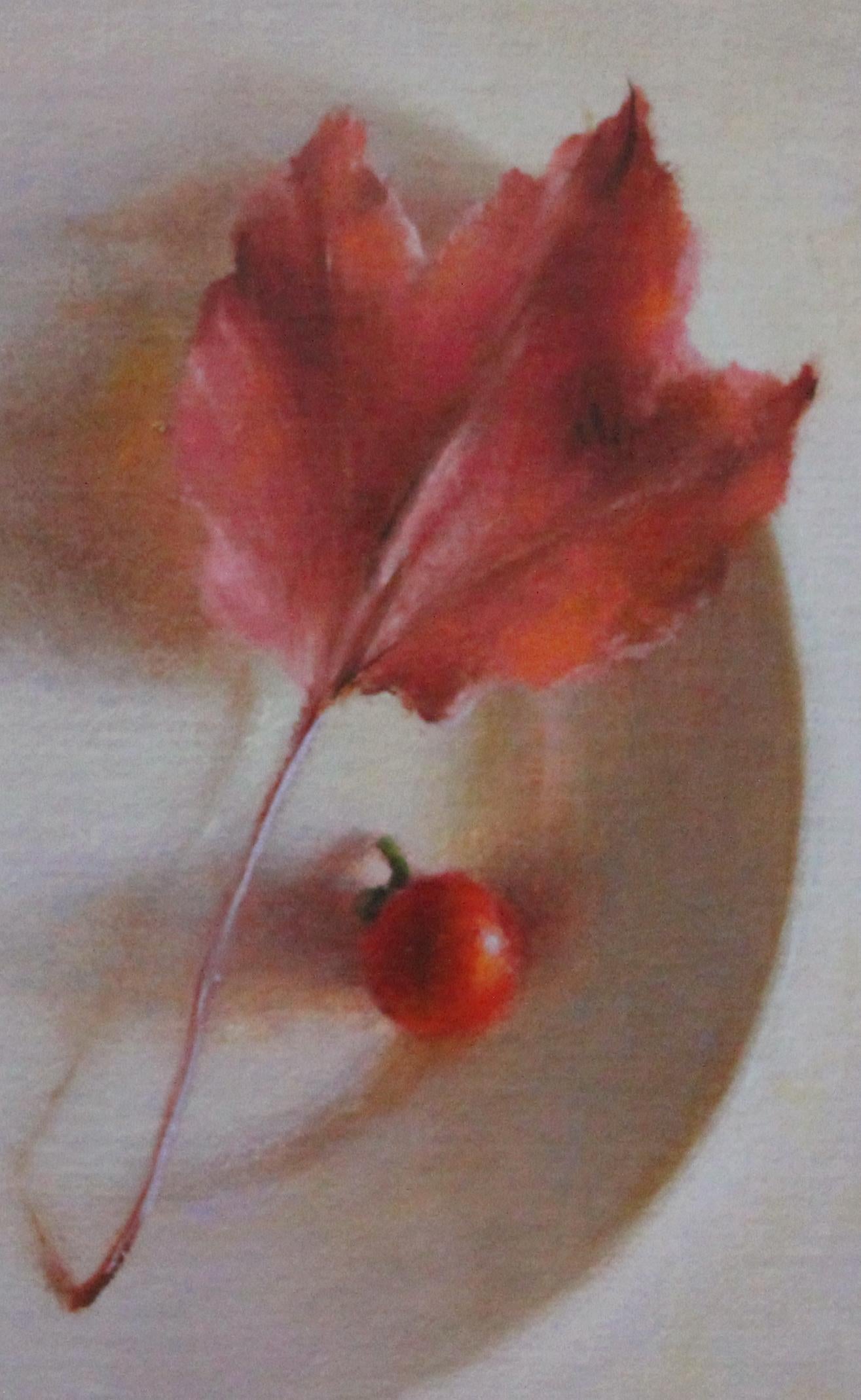 Another in a series of visually arresting still life's from Australian artist Louise Feneley. Exquisitely painted and evocative of Autumn, a Fall leaf, red berry, and tube of vermillion hued paint set on a background of the ubiquitous plate.