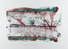 "Homage to the Mountains No. 114", abstract gestural monotype, red, green fluid