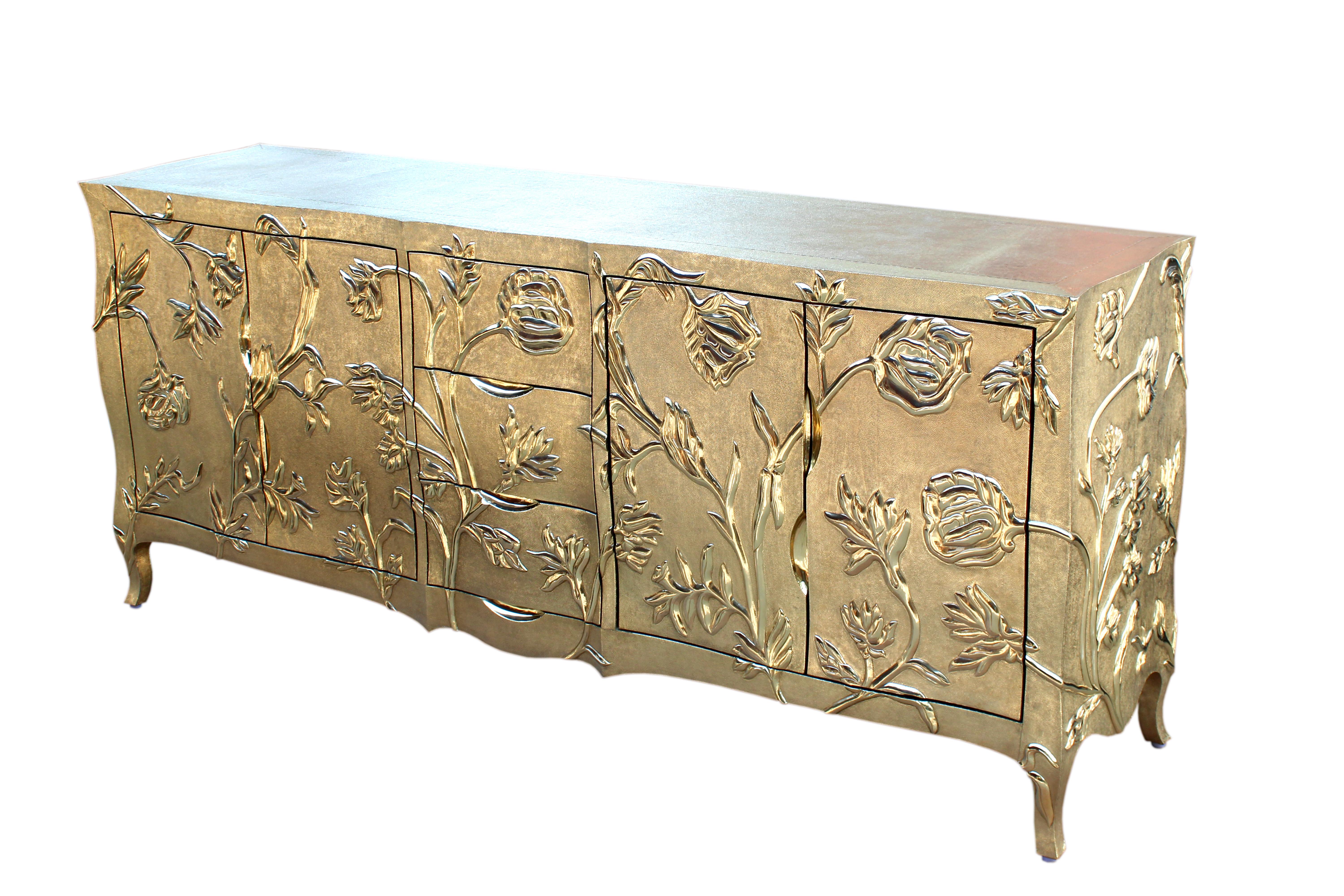 Metal Louise Floral Art Deco Buffet Fine Hammered Brass by Paul Mathieu For Sale