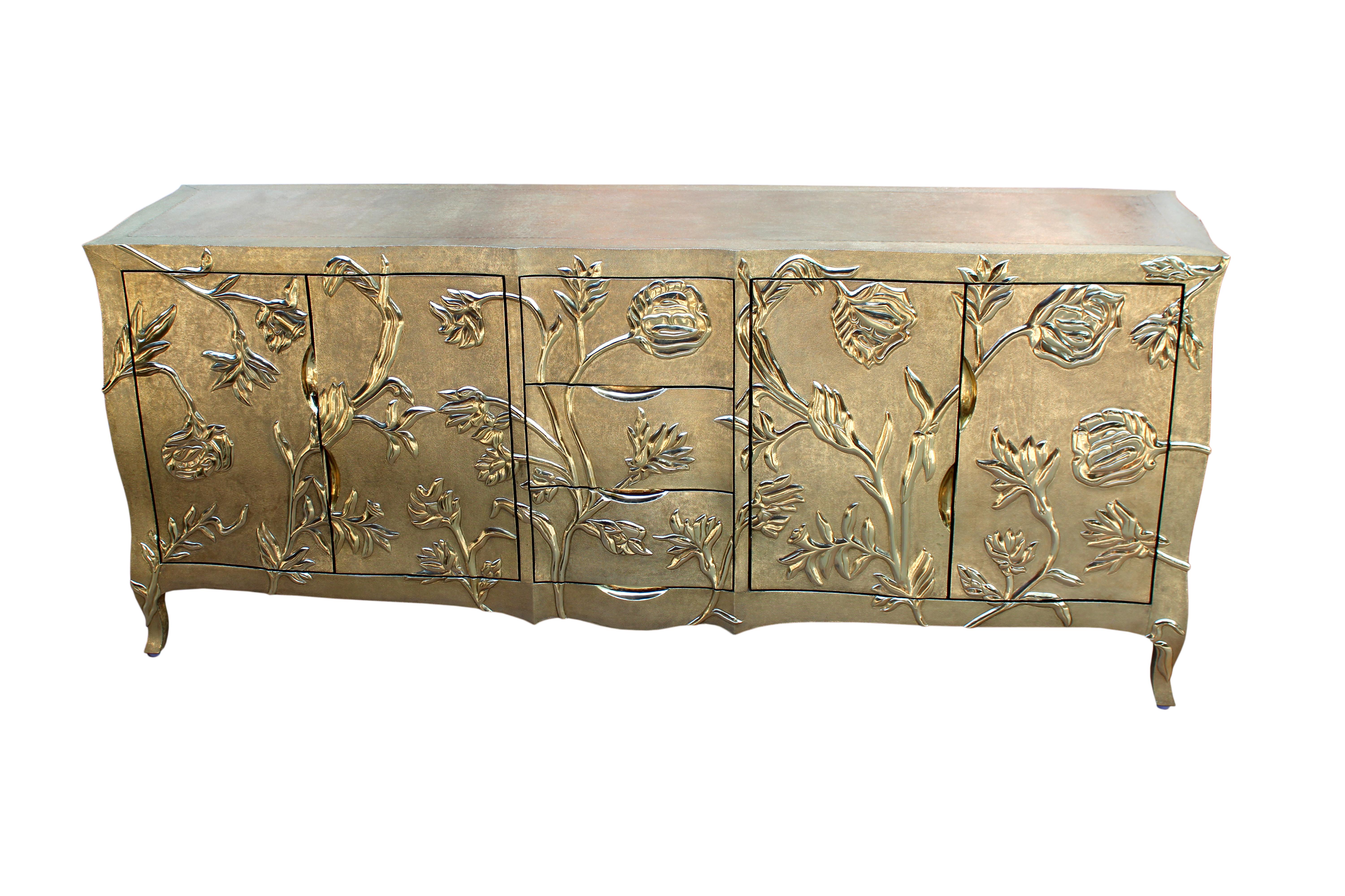Louise Floral Art Deco Buffet Fine Hammered Brass by Paul Mathieu For Sale 1