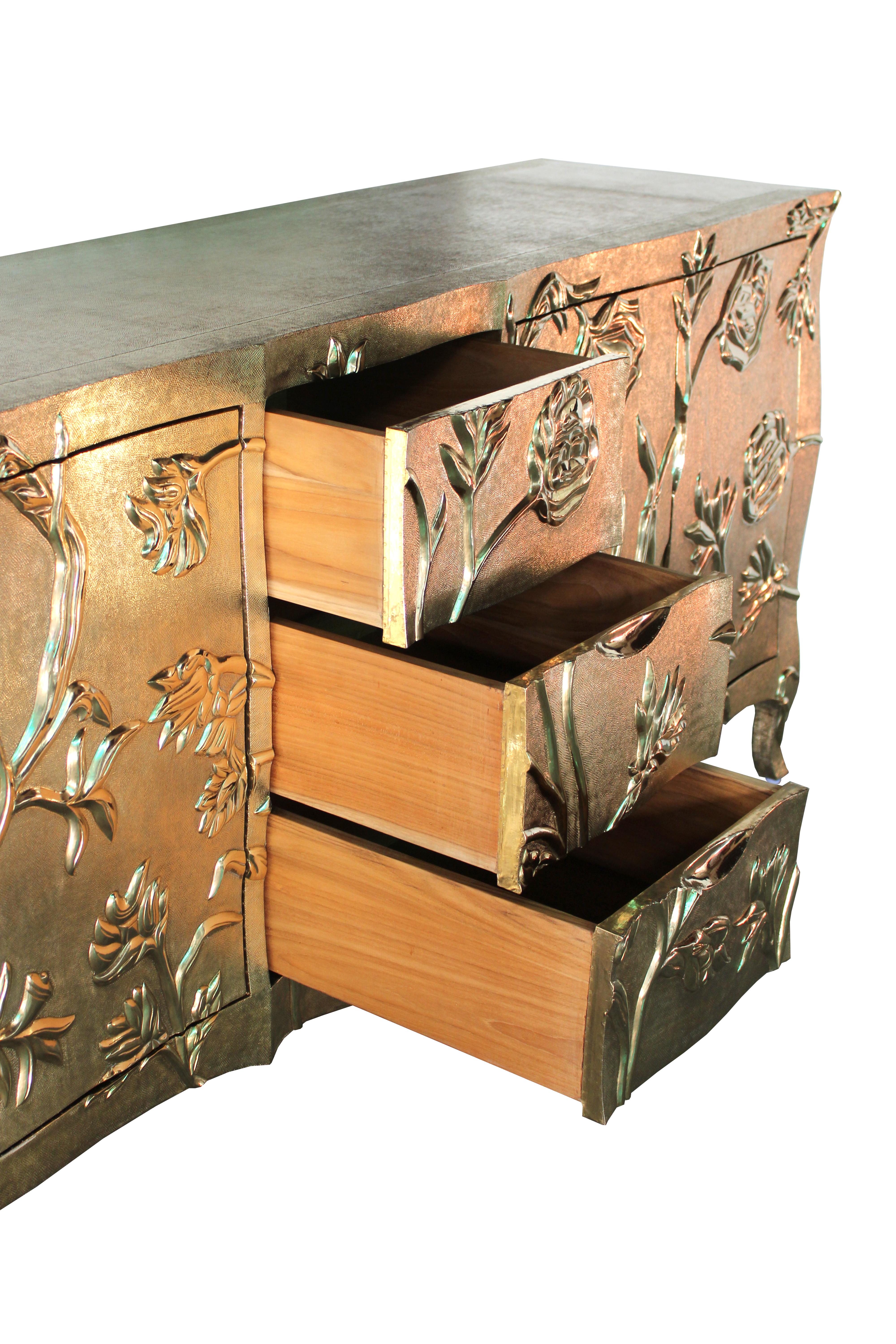 Indian Art Deco Style Louise Floral Buffet Sideboard in Brass by Paul Mathieu For Sale