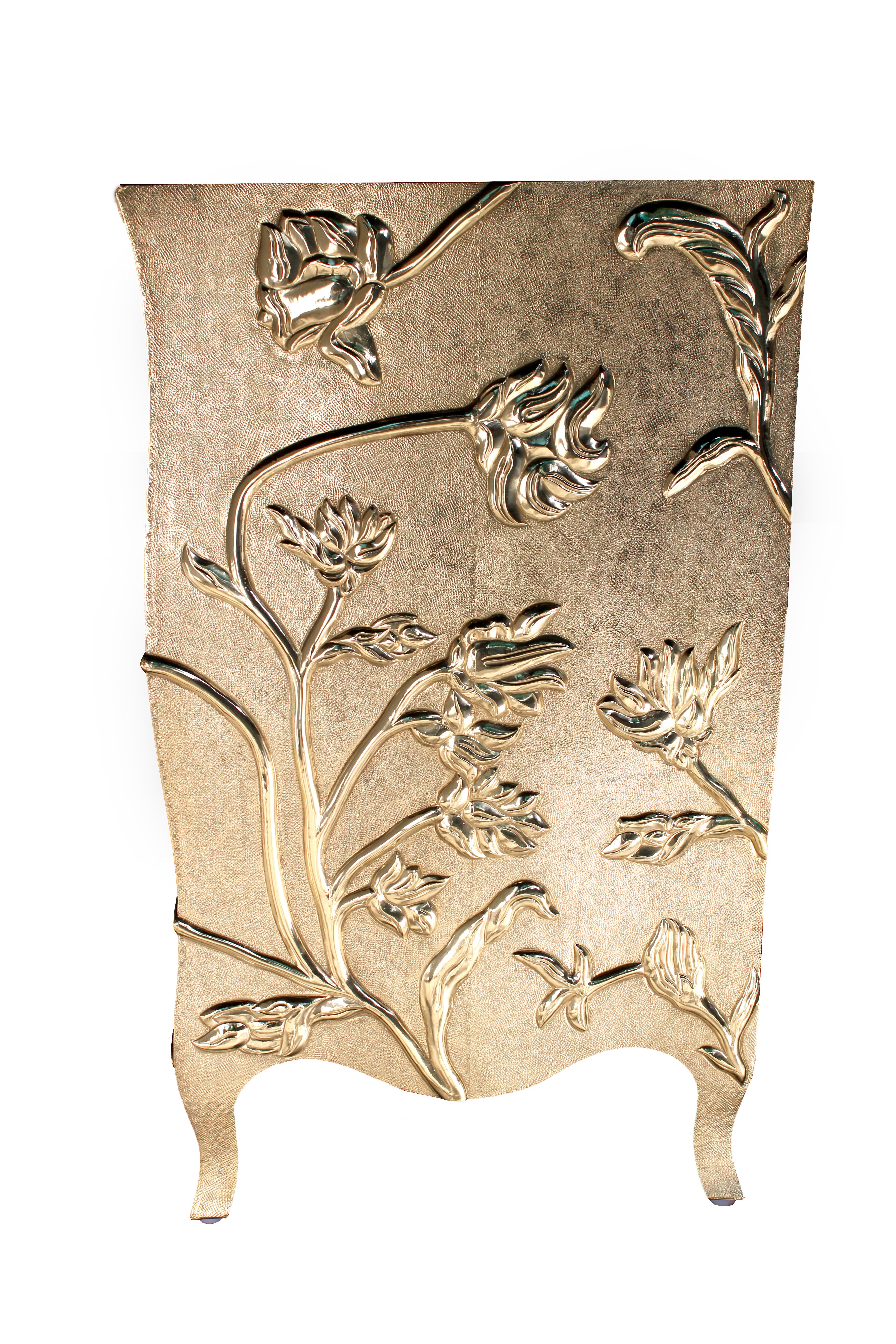 Contemporary Louise Floral Art Deco Drawers Fine Hammered Brass by Paul Mathieu For Sale