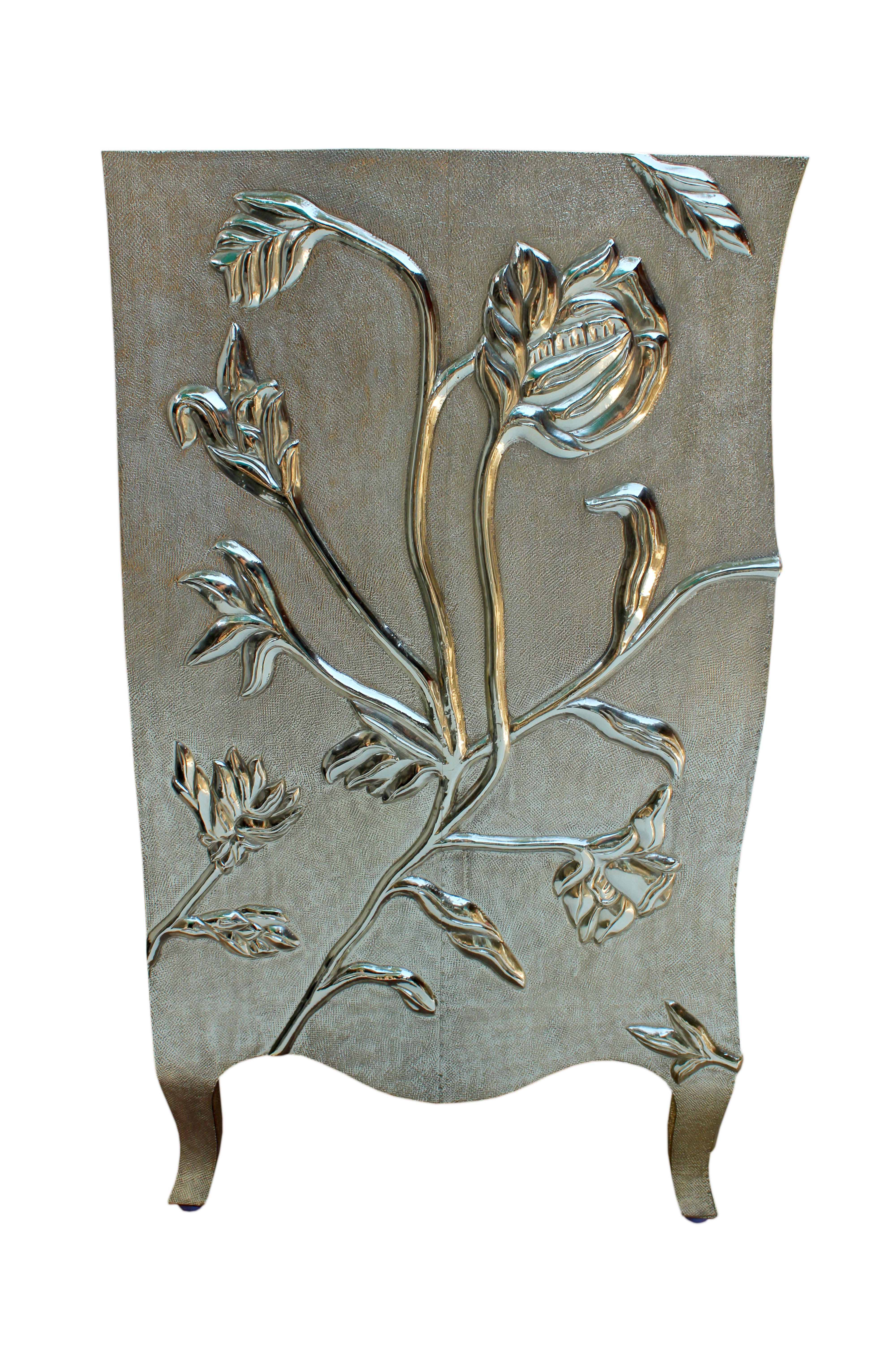 Hammered Louise Floral Credenza in Brass Clad Over Wood Handcrafted in India For Sale