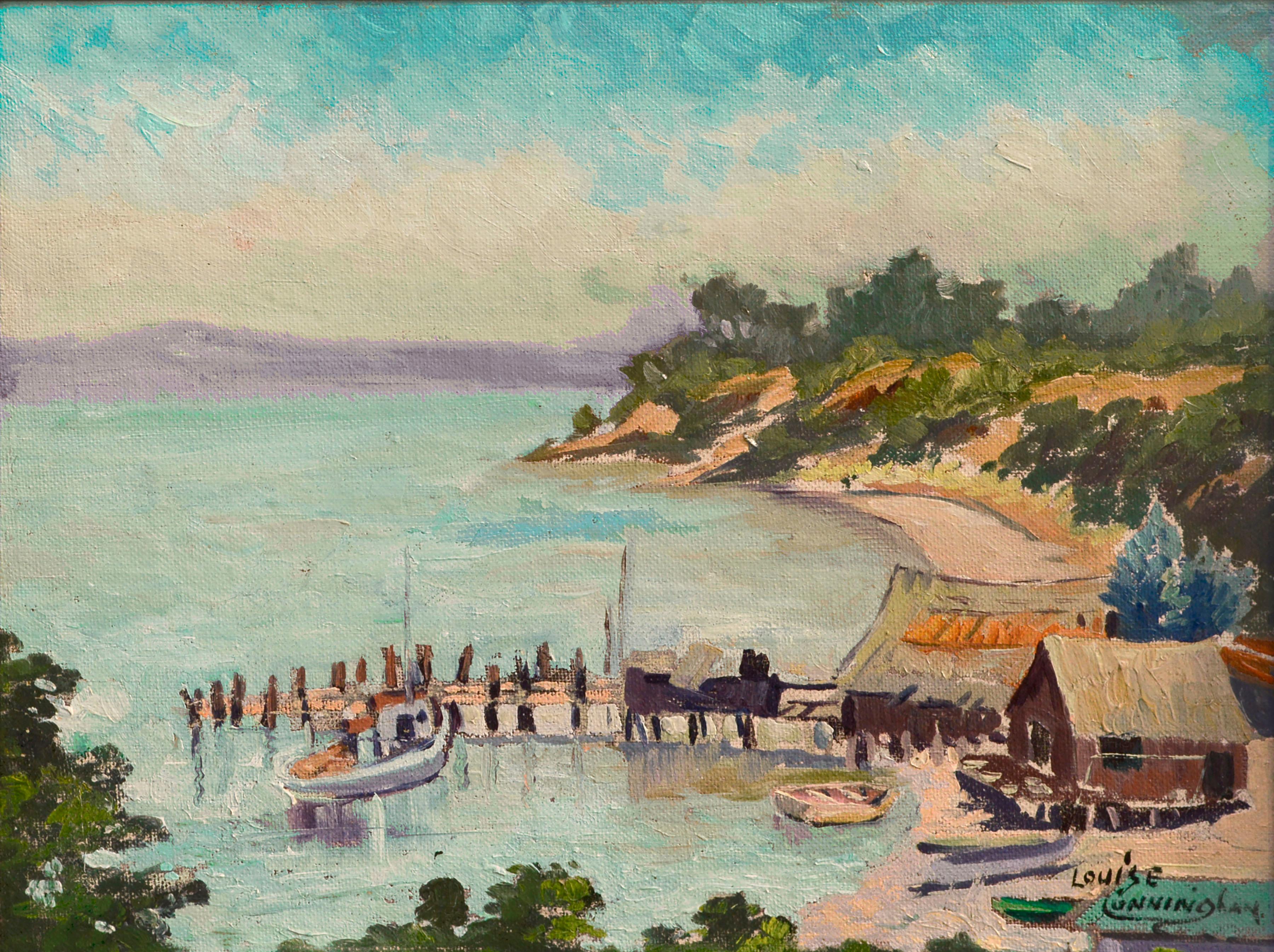 China Camp Village and Fishing Boats San Pablo Bay by Louise Cunningham Rare Gem - Painting by Louise Grossett Cunningham