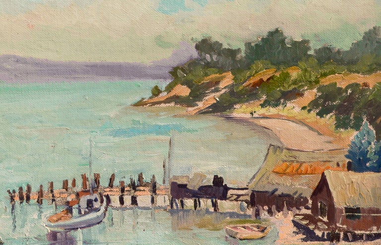 China Camp Village and Fishing Boats San Pablo Bay by Louise Cunningham Rare Gem - American Impressionist Painting by Louise Grossett Cunningham