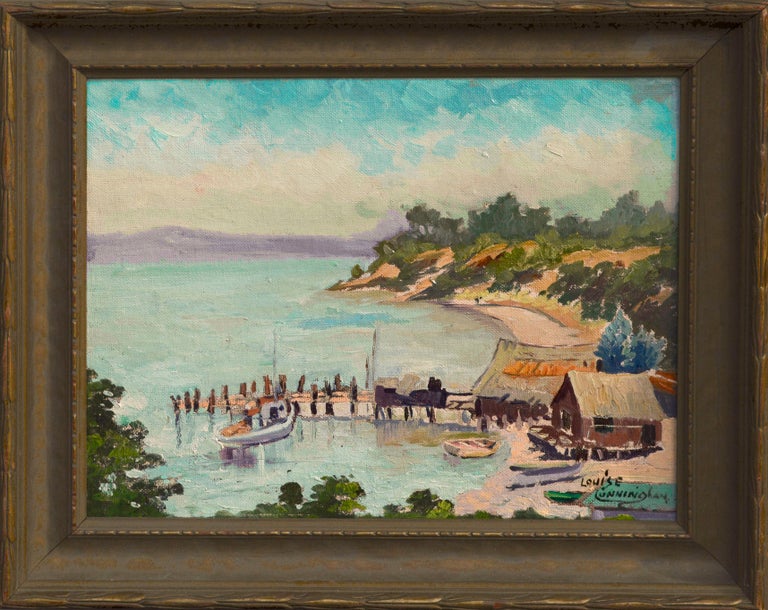 Louise Grossett Cunningham Landscape Painting - China Camp Village and Fishing Boats San Pablo Bay by Louise Cunningham Rare Gem