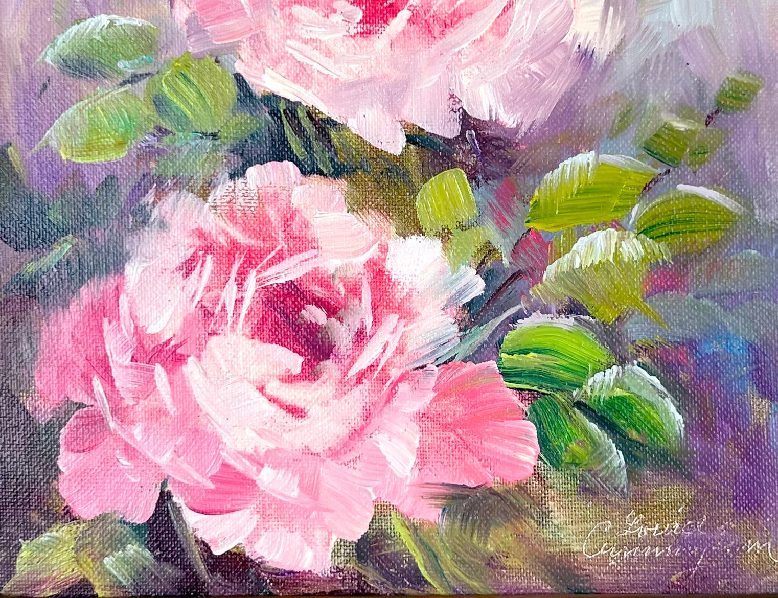 Mid Century Garden Pink Roses Original Oil Still Life Painting For Sale 1