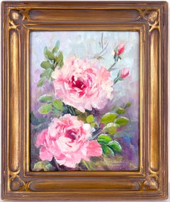Mid Century Garden Rosa Rosen Original Öl Stillleben Gemälde