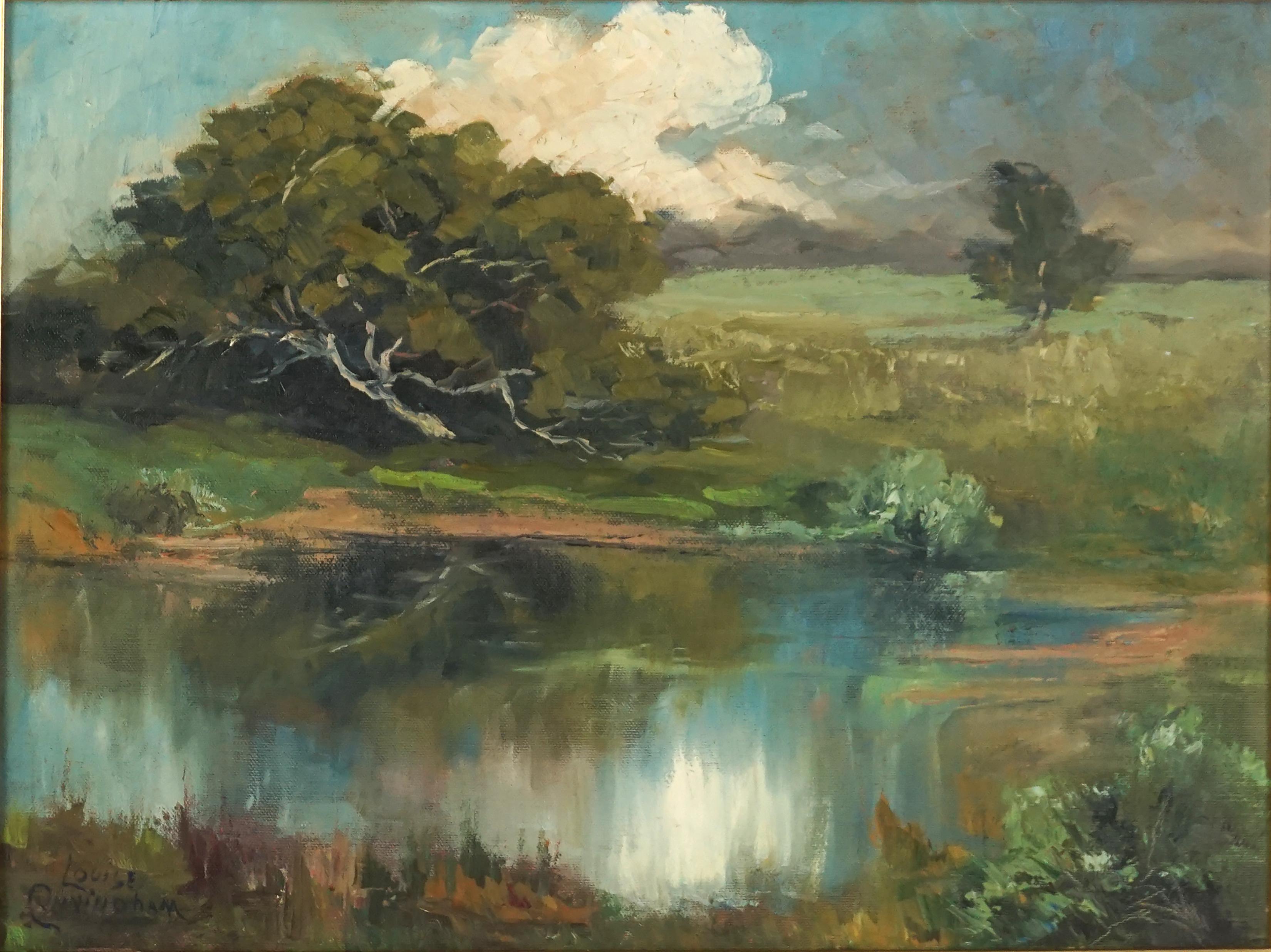 Mid Century Monterey Foothill Pond in Summer Pintura al óleo original de paisaje - Painting de Louise Grossett Cunningham