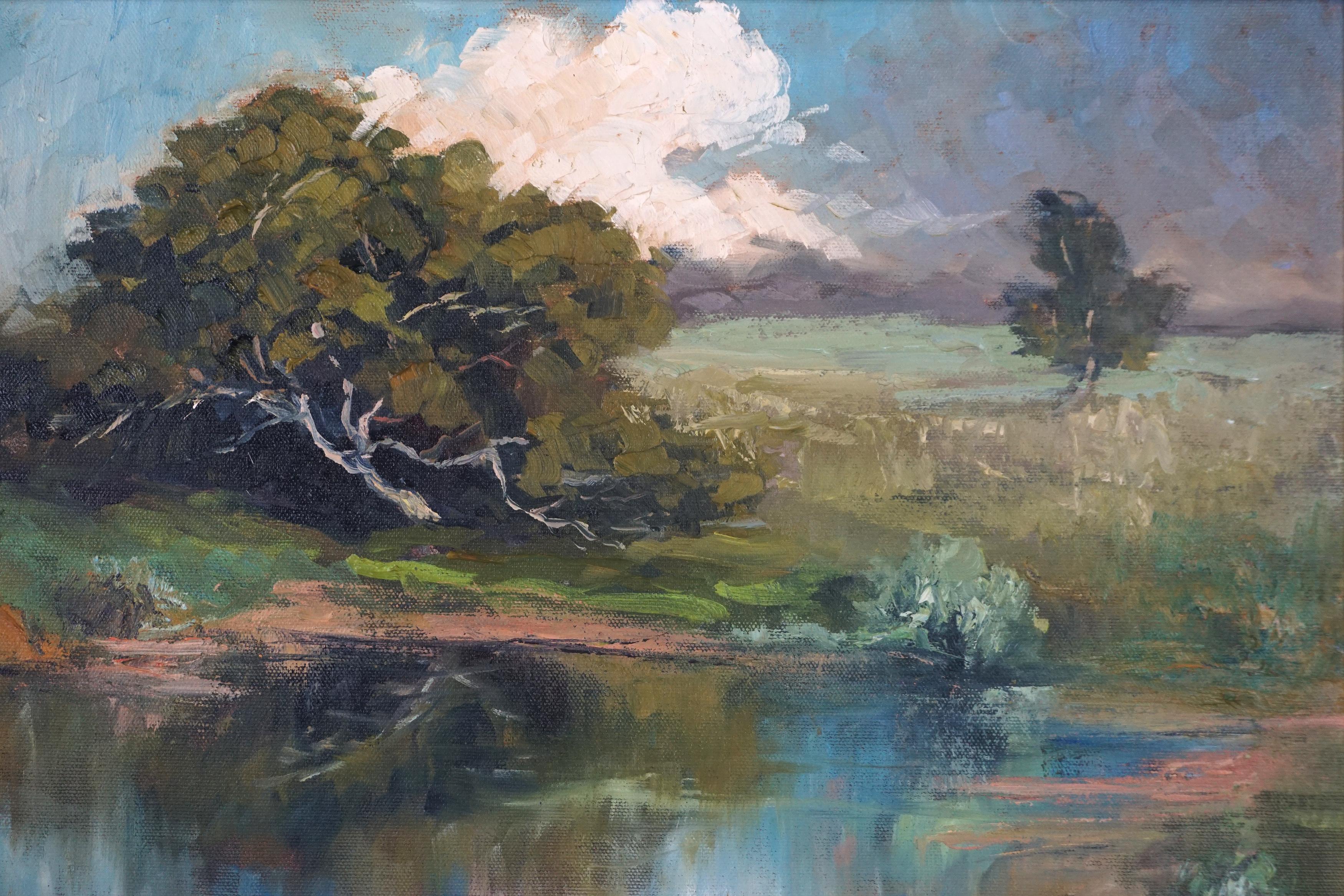Mid Century Monterey Foothill Pond in Summer Pintura al óleo original de paisaje - Painting moderno estadounidense de Louise Grossett Cunningham