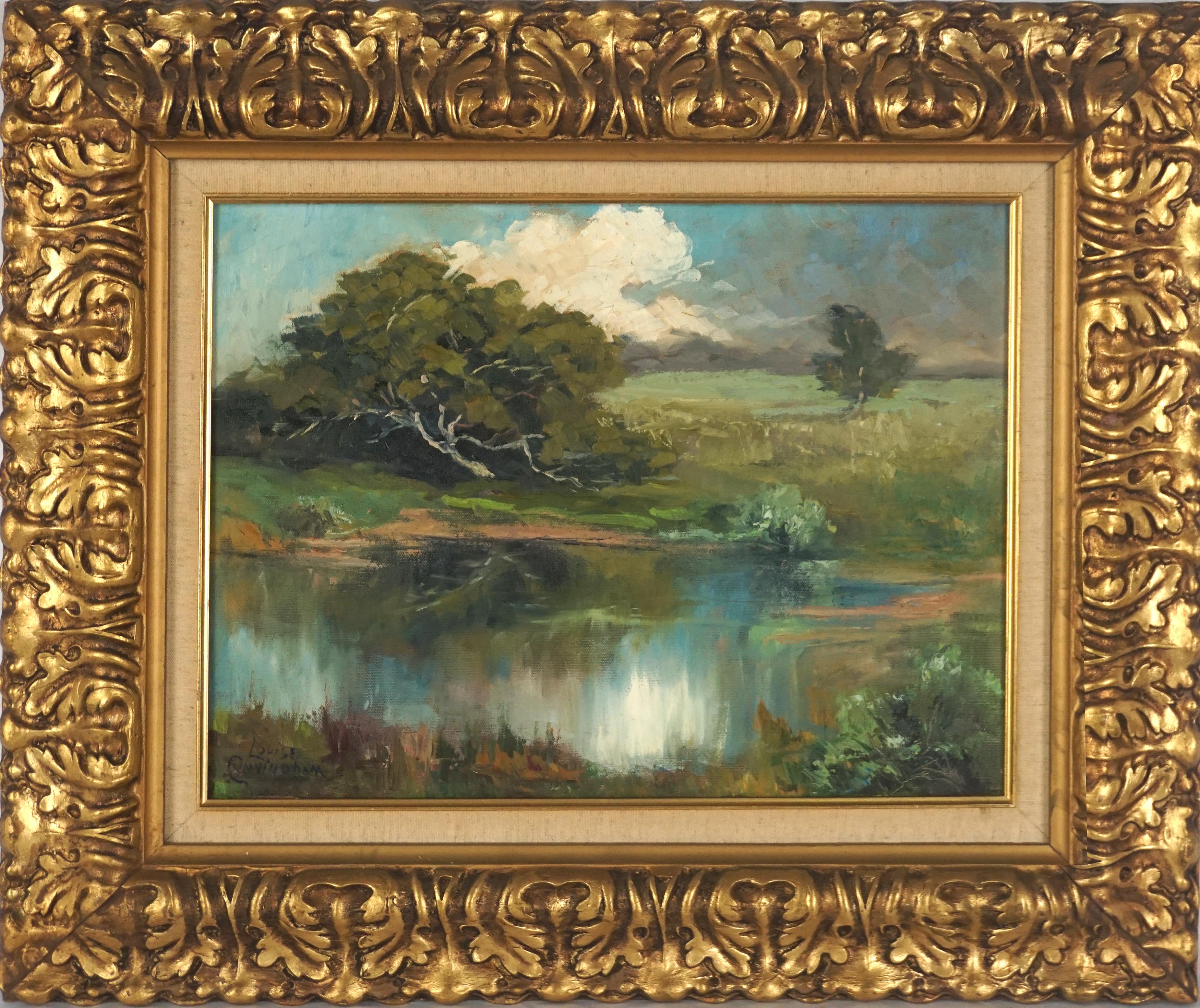 Landscape Painting de Louise Grossett Cunningham - Mid Century Monterey Foothill Pond in Summer Pintura al óleo original de paisaje