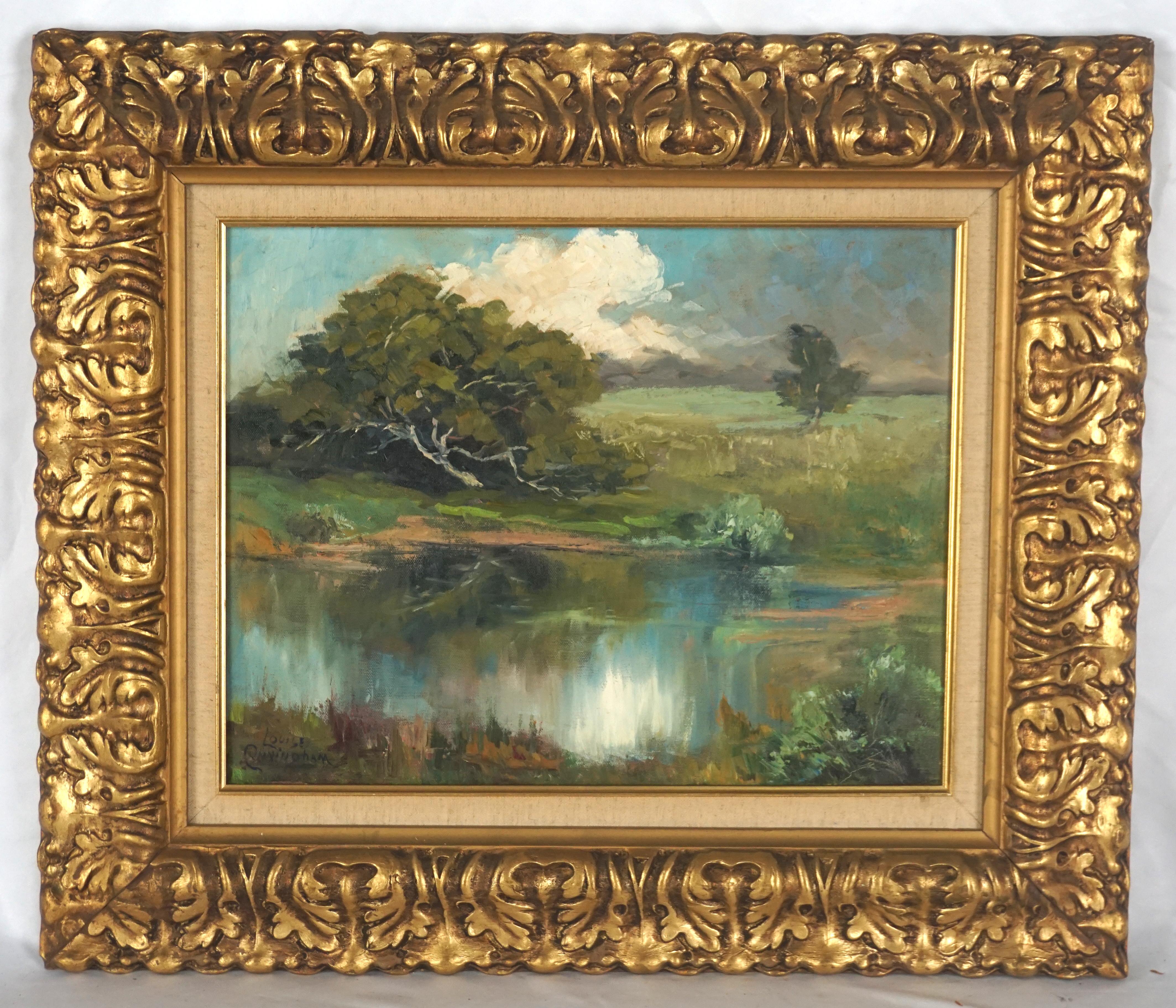 Mid Century Monterey Foothill Pond in Summer Original-Öl-Landschaftsgemälde von Louise Cunningham

Helle Sommerszene eines Teiches in den Ausläufern von Monterey von der Künstlerin Louise H. Grosset Cunningham (Amerikanerin, 1881-1983) aus Santa