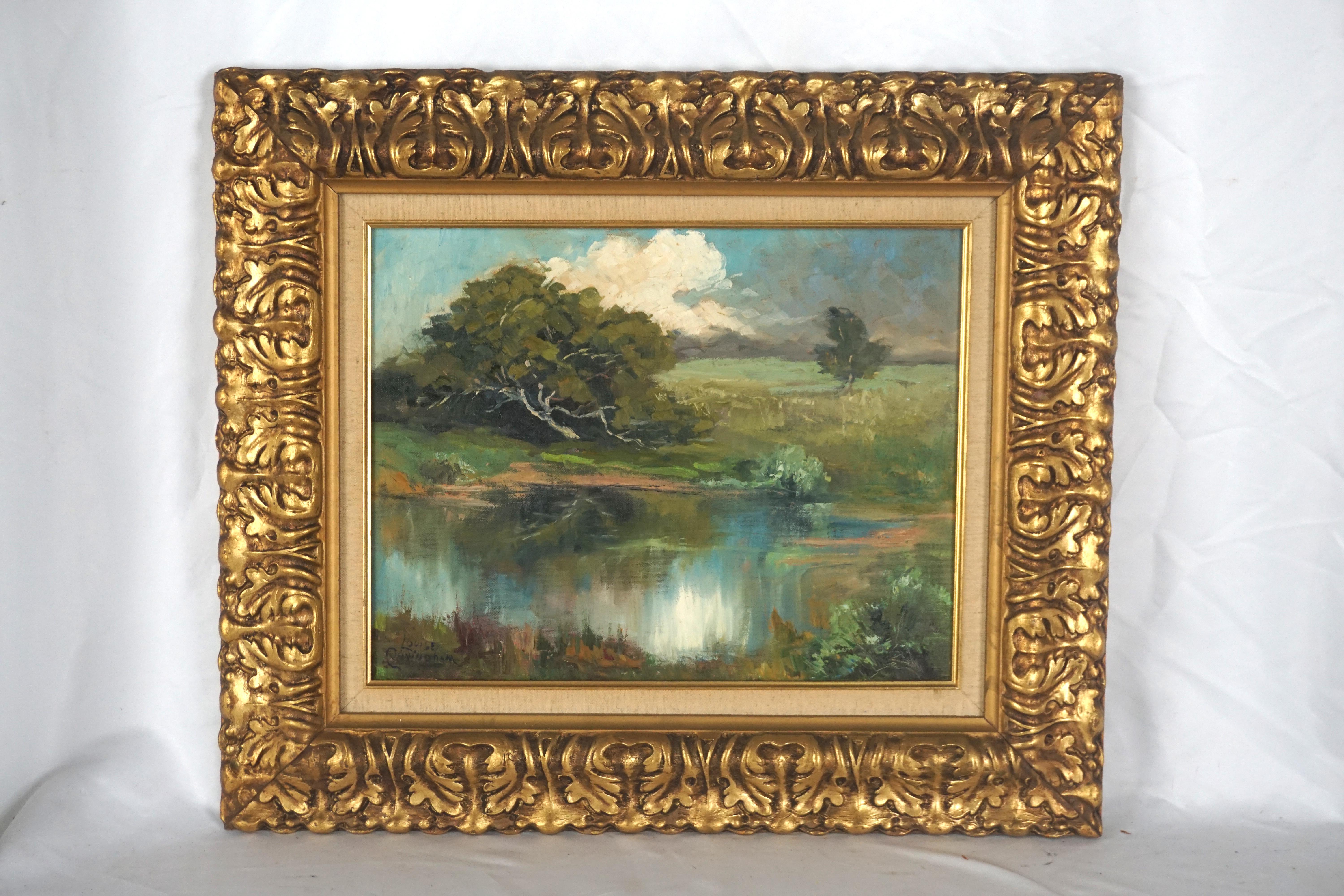 Monterey Foothill Teich im Sommer Original-Öl-Landschaftsgemälde (Braun), Landscape Painting, von Louise Grossett Cunningham