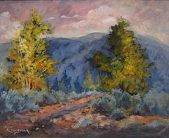 Bäume und niedrige Berge - Lebendige impressionistische Kalifornien-Landschaft in Öl