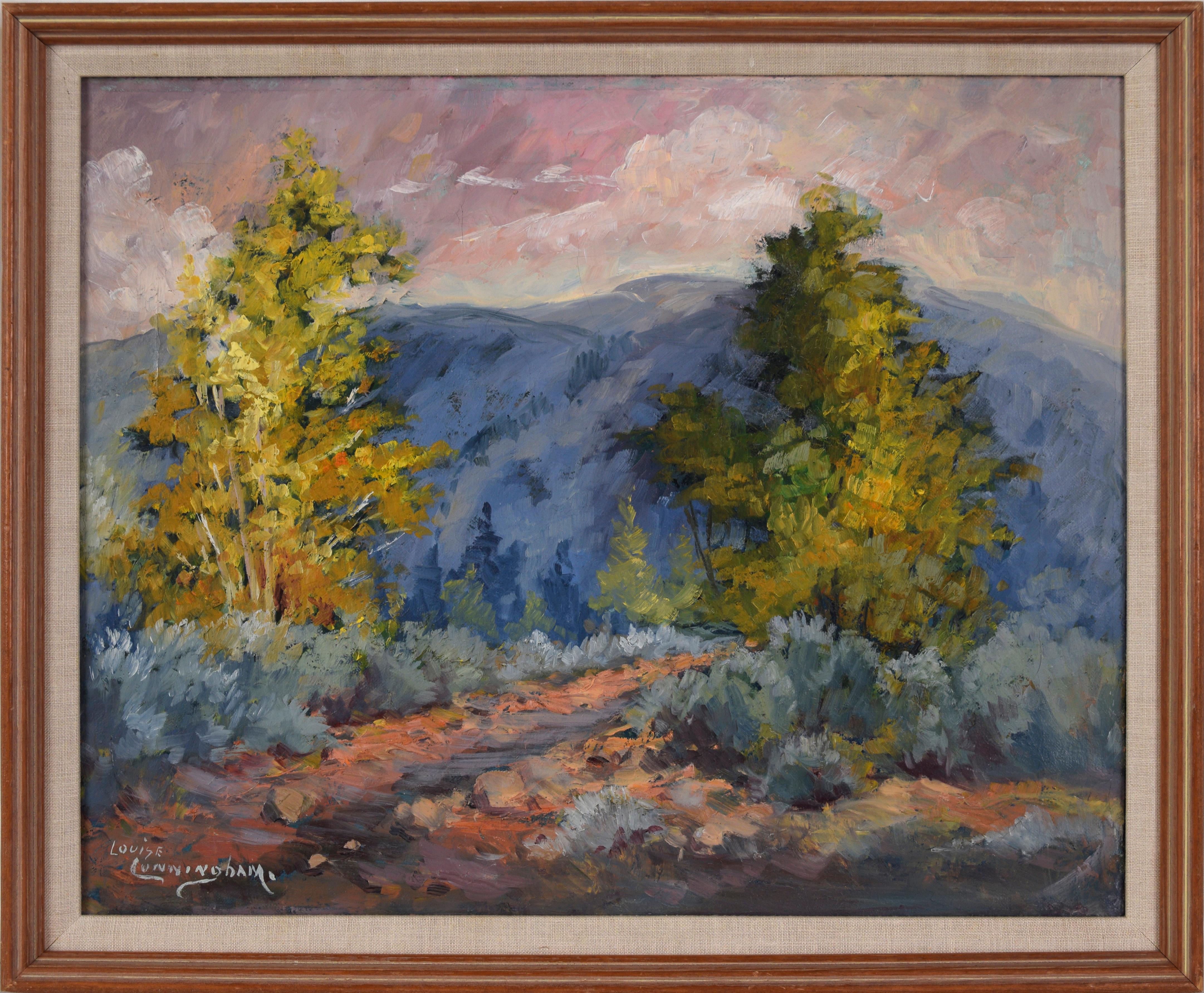 Arbres et montagnes basses - Vibrant paysage impressionniste de Californie à l'huile