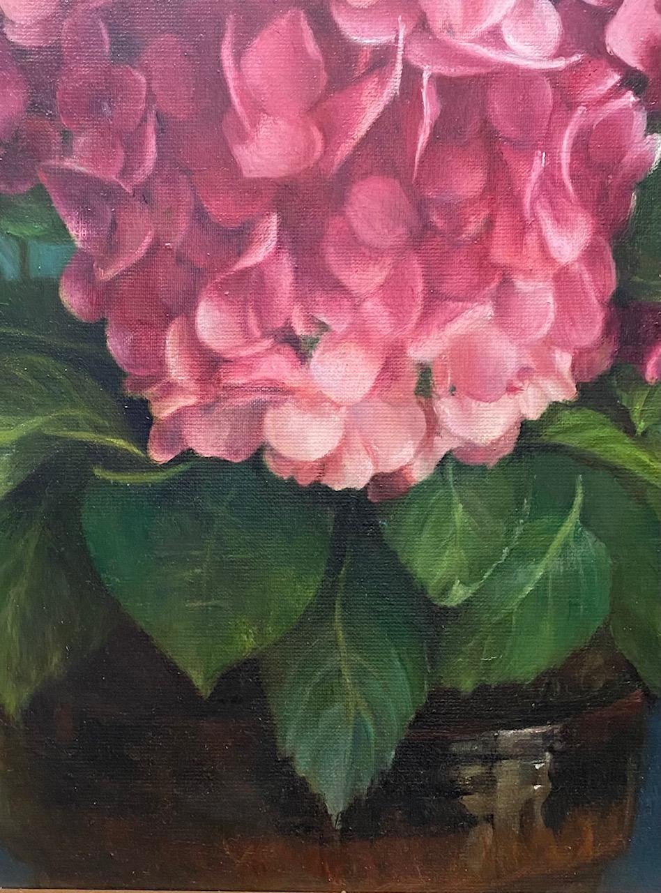 Hydrangea, original 20x20 contemporary still life - Black Still-Life Painting by Louise Hafesh