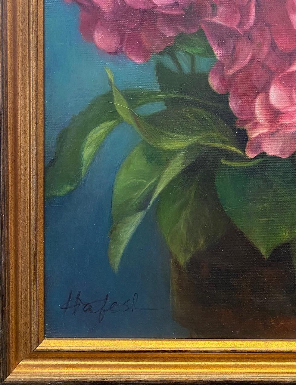 The freshly cut and luscious magenta hydrangea are overflowing the glazed brown ceramic vase. How superb to have hydrangea year round! This contemporary  photorealistic still life of these popular flowers is an unusual  20x20 square oil painting in
