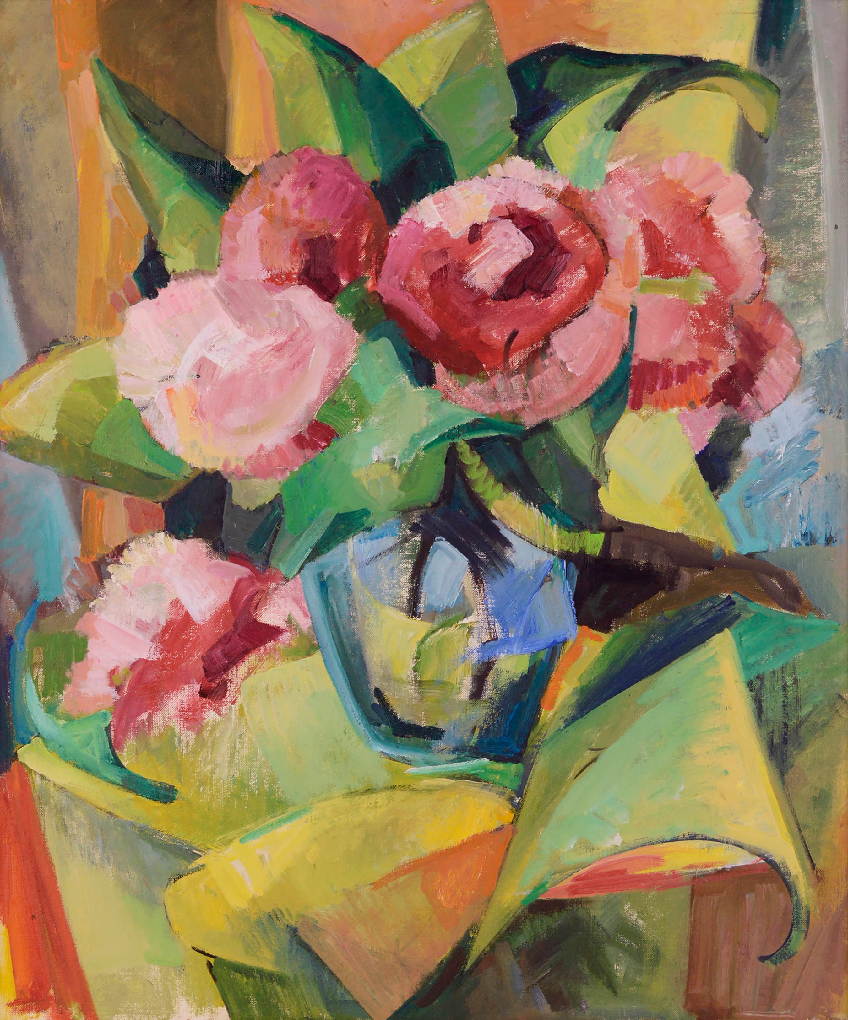 Mid-Century Modern Cubist Roses Abstract - Painting by Louise Hahn Fletcher