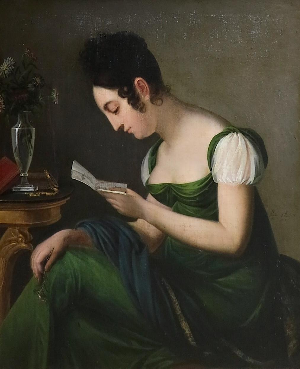 Una giovane donna che legge una lettera. Figura dello studio - Painting di Louise HERSENT