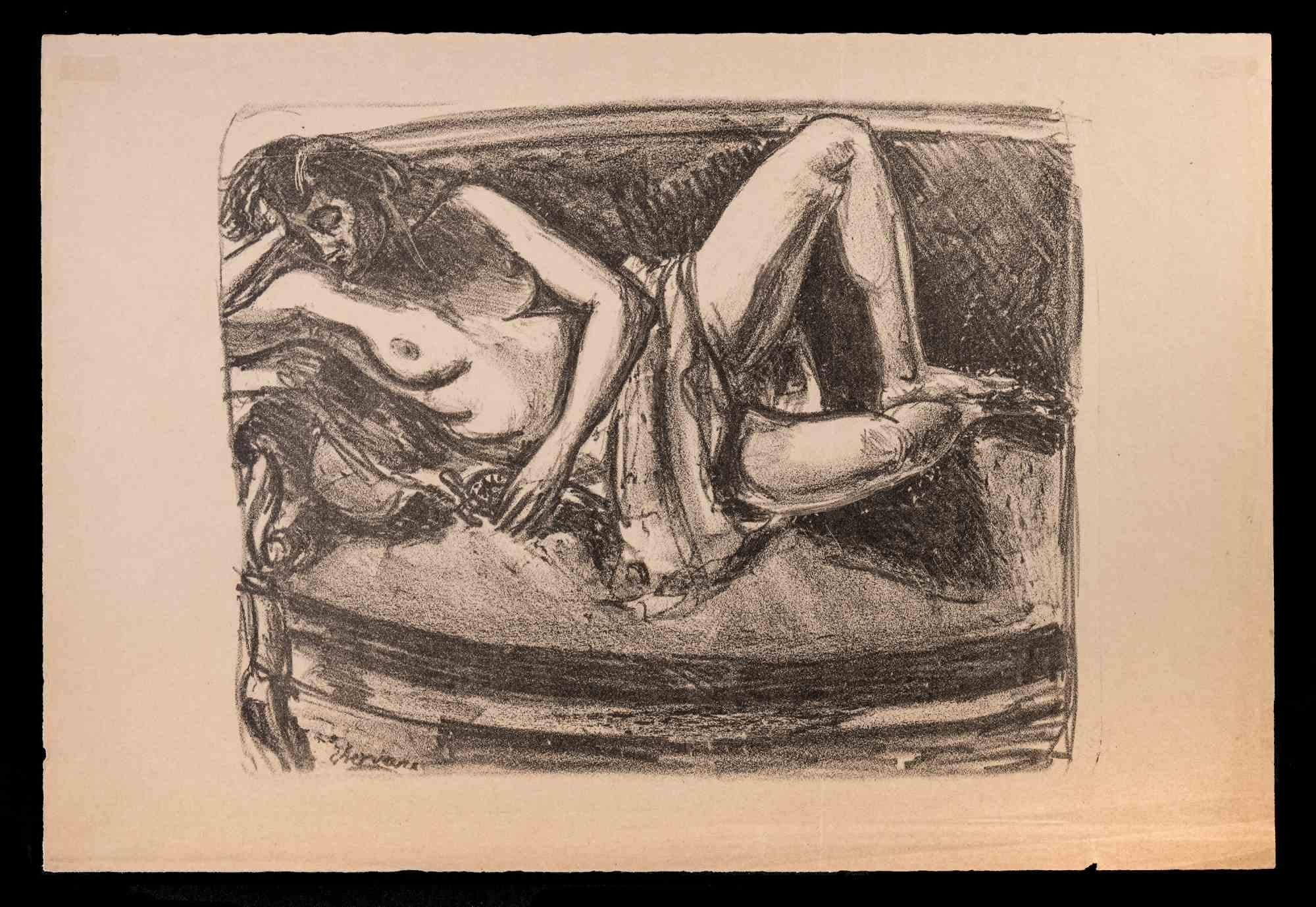 Nude of Woman - Original Lithograph by Louise Hervieu - Early 20th Century