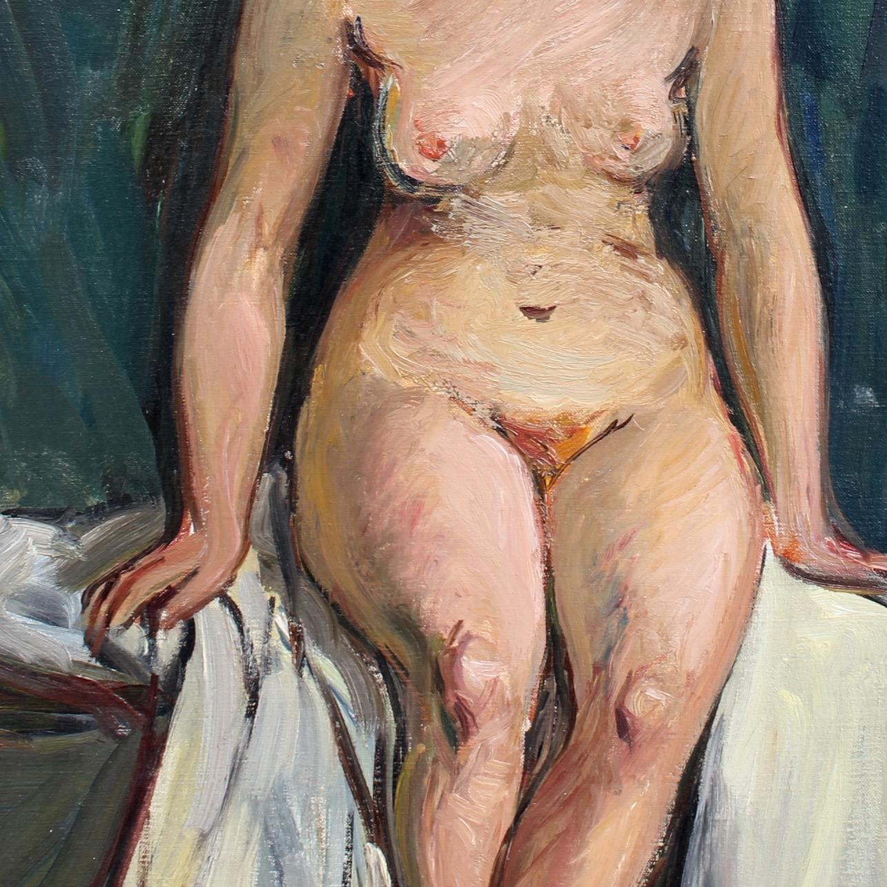 'Portrait of Nude Redhead', oil on canvas, circa 1940s, by Louise-Jeanne Cottard-Fossey (1902 - 1983). A young, red-headed woman poses for the artist. Her shyness is apparent. Demure, reserved and somewhat uncomfortable as the centre of attention,