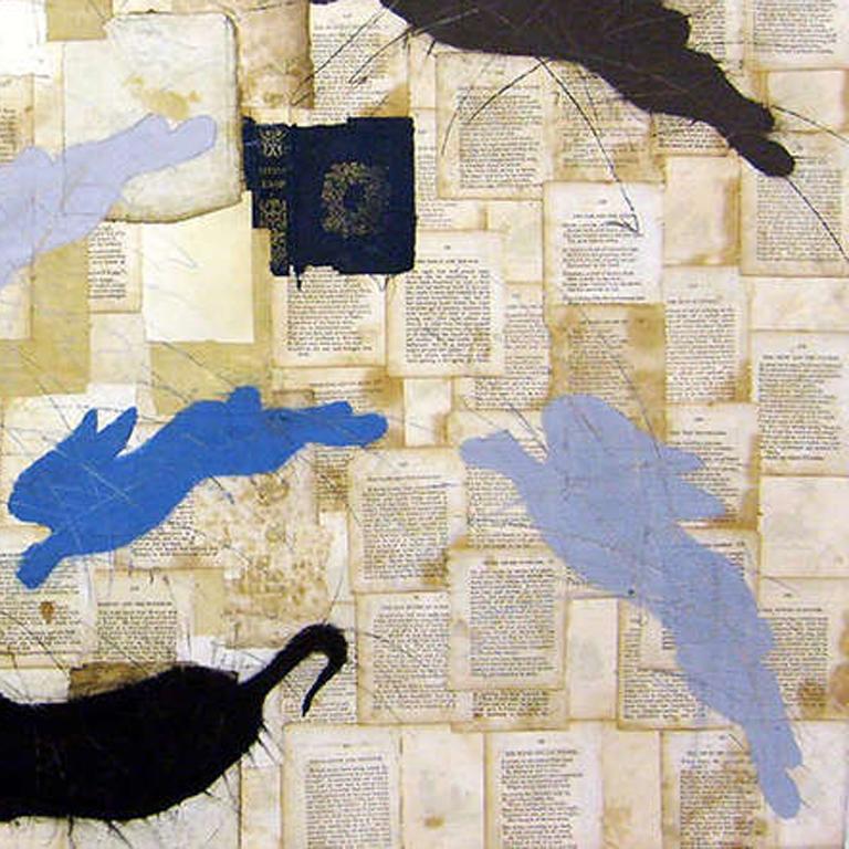 Chalk on vintage collaged paper with book cover
24 x 31.5 inches

With vintage book pages serving as her background, Louise Laplante here works in chalk. Seven silhouetted hares appear to leap across the composition in an arc formation, rendered in